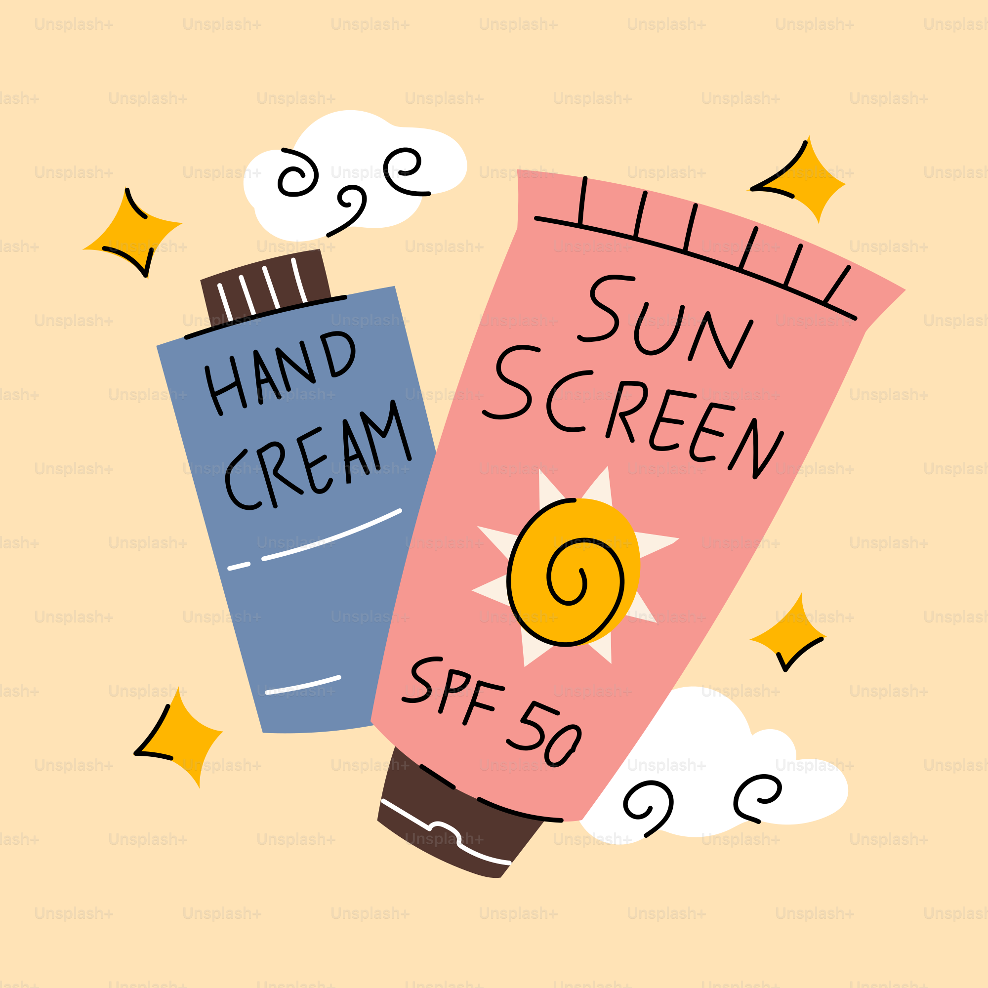 A hand cream and sunscreen on a yellow background