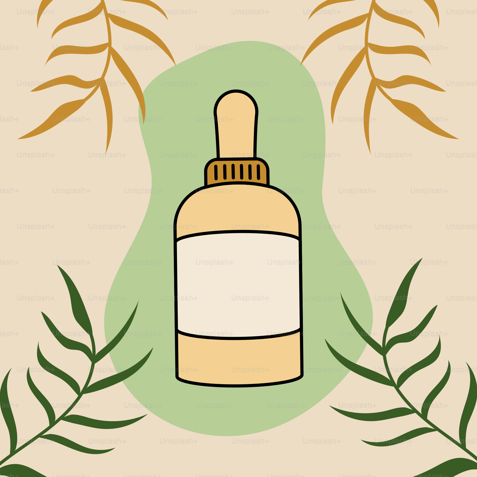 An illustration of a bottle with a sprig of leaves around it
