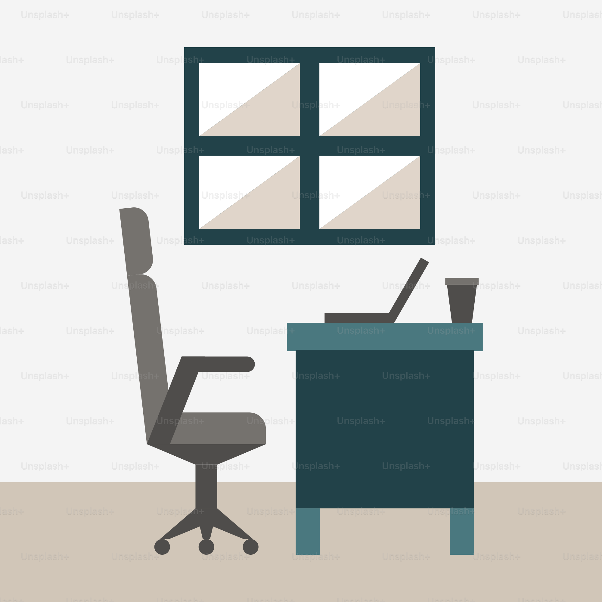 A room with a chair, desk and a window