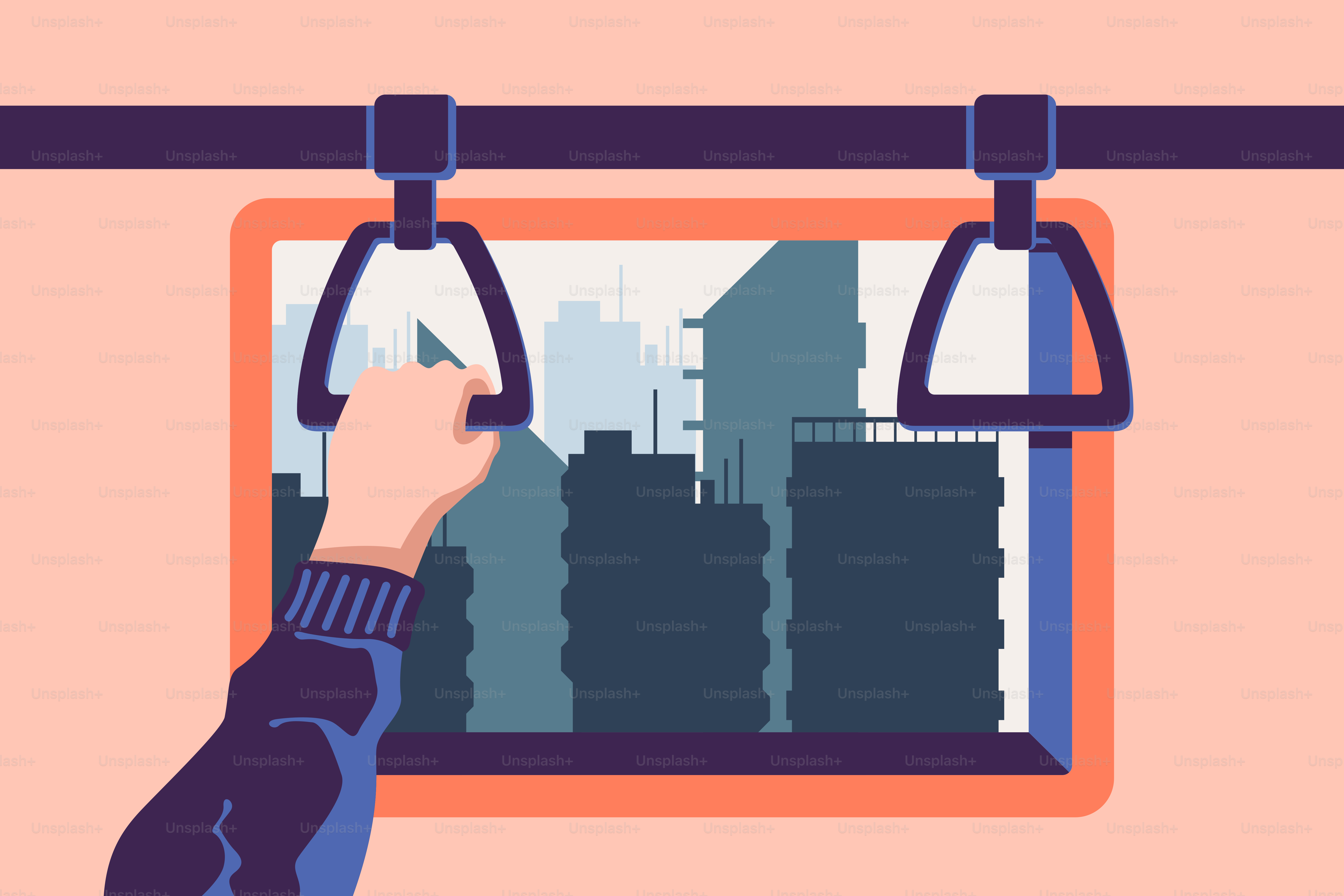 Uma mão segura uma janela com uma cidade ao fundo