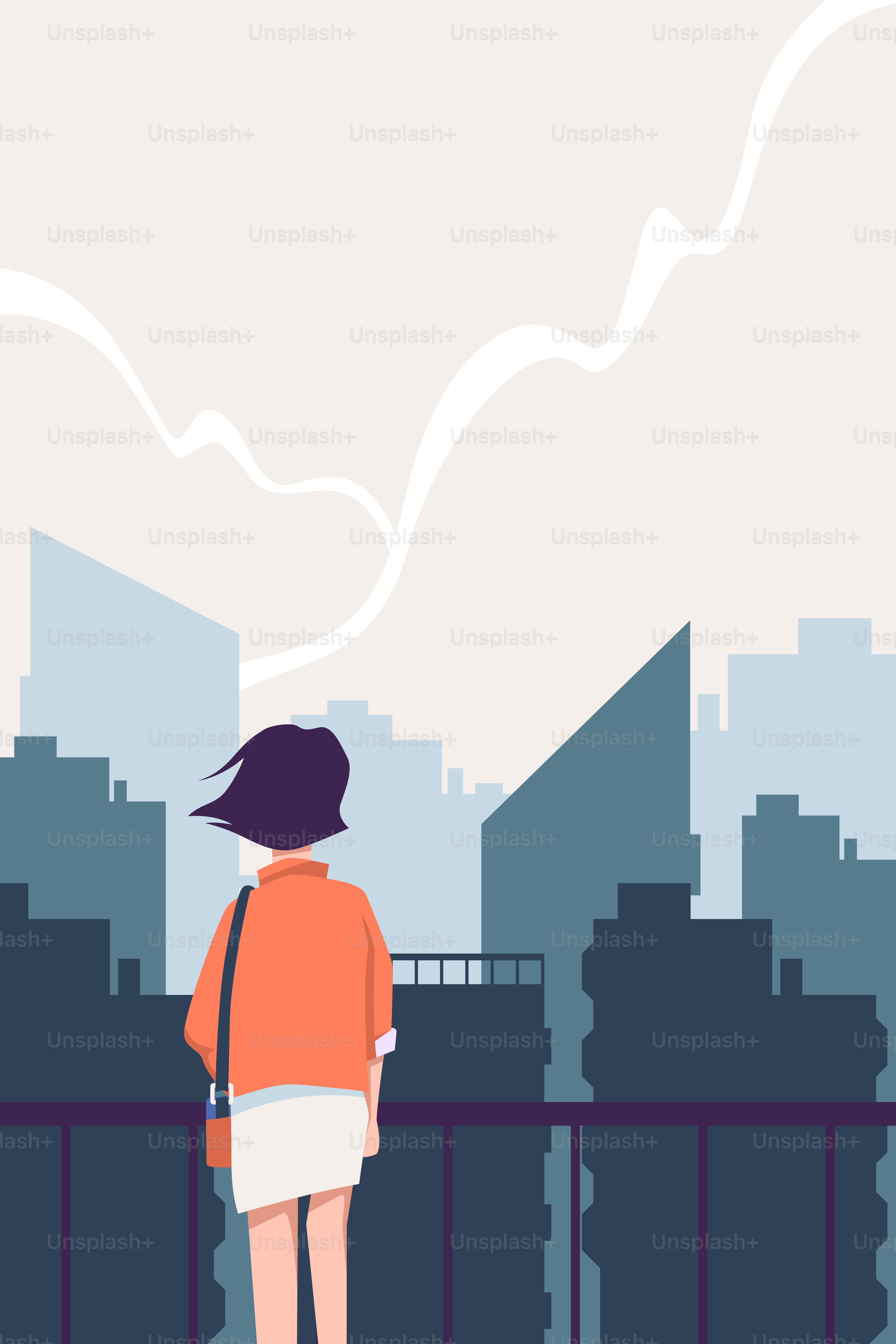 街の背景に街が描かれた橋の上に立つ人物