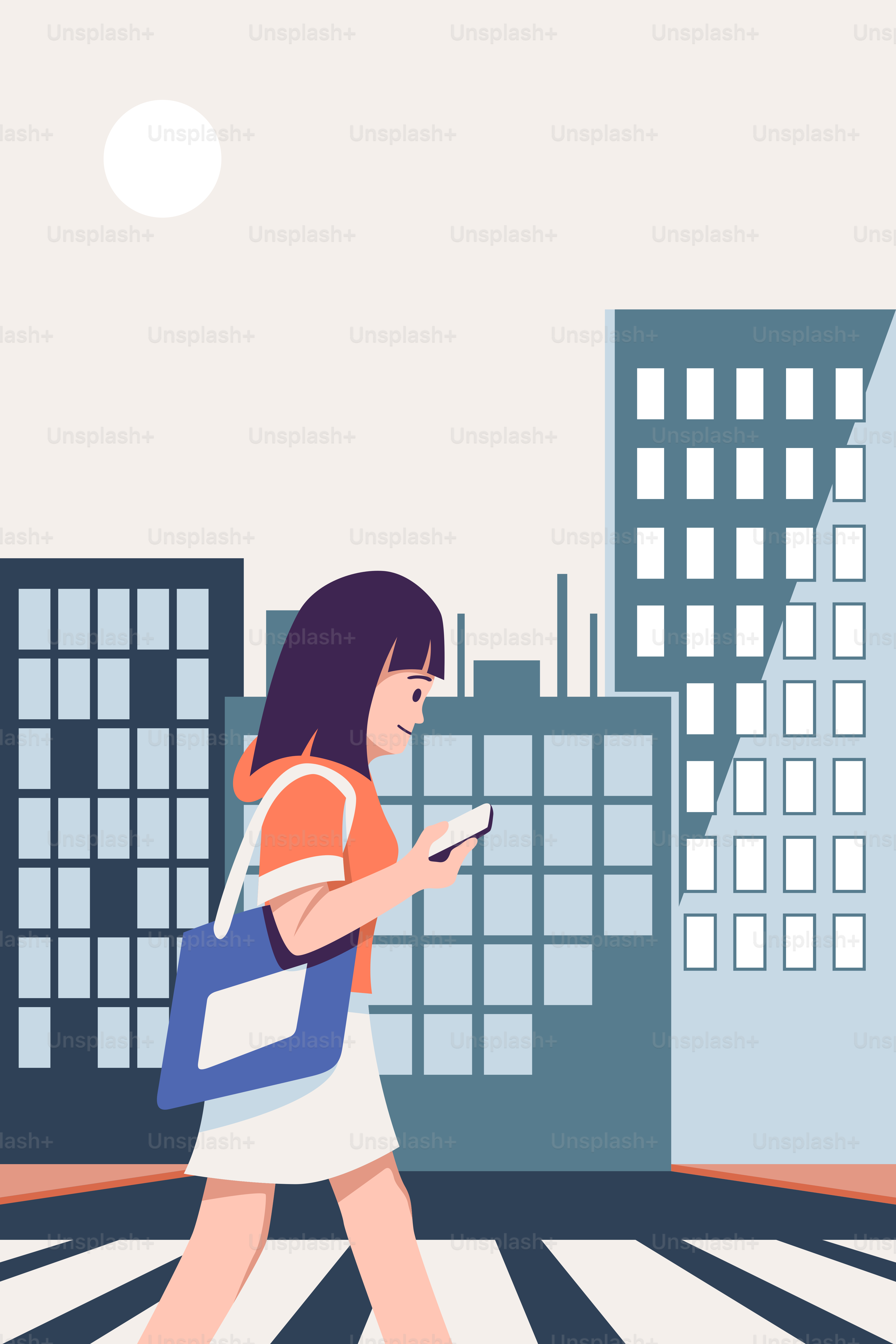 um, mulher, andar, através, um, faixa de pedestres, segurando, um, telefone celular