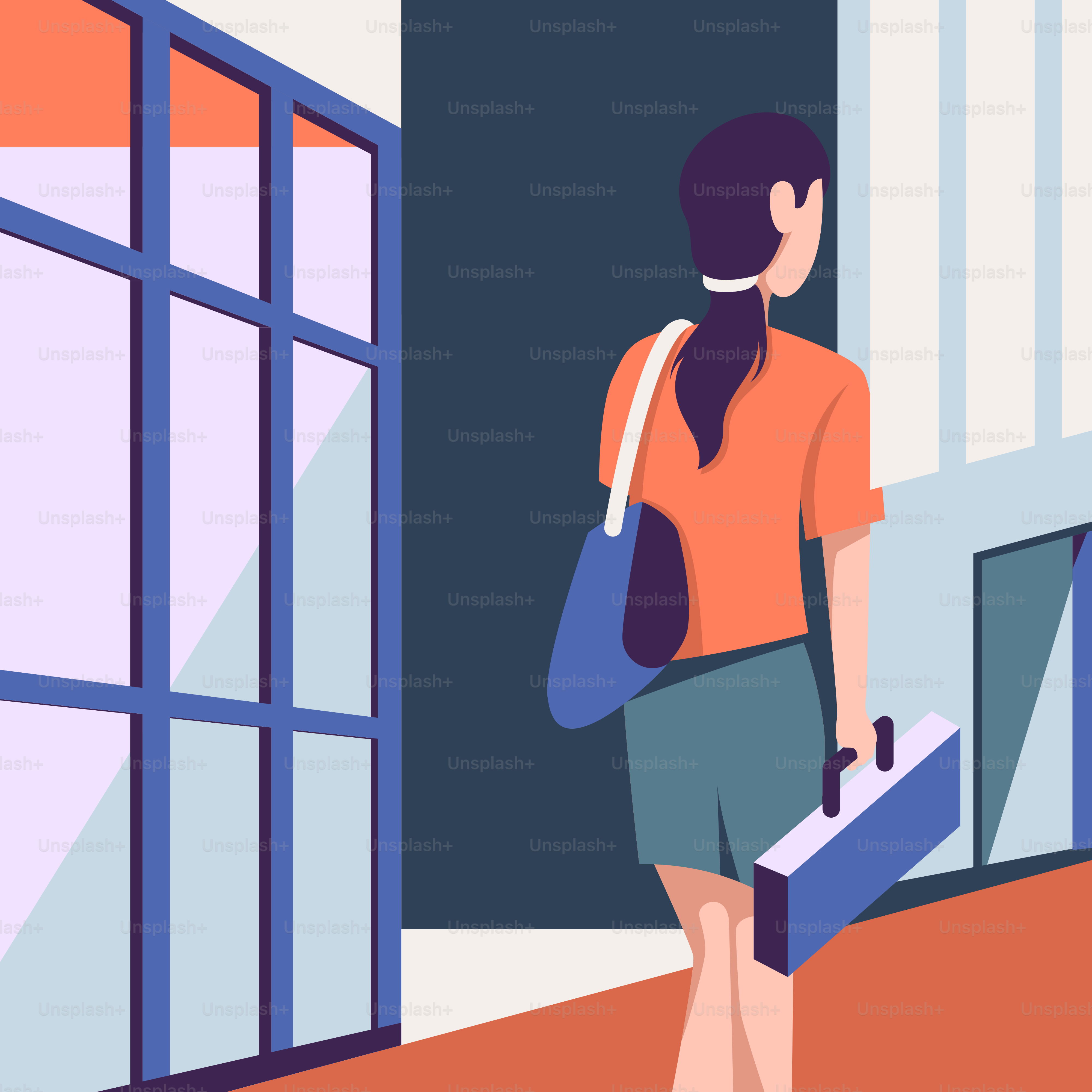 Uma mulher andando por um corredor com uma mala de viagem