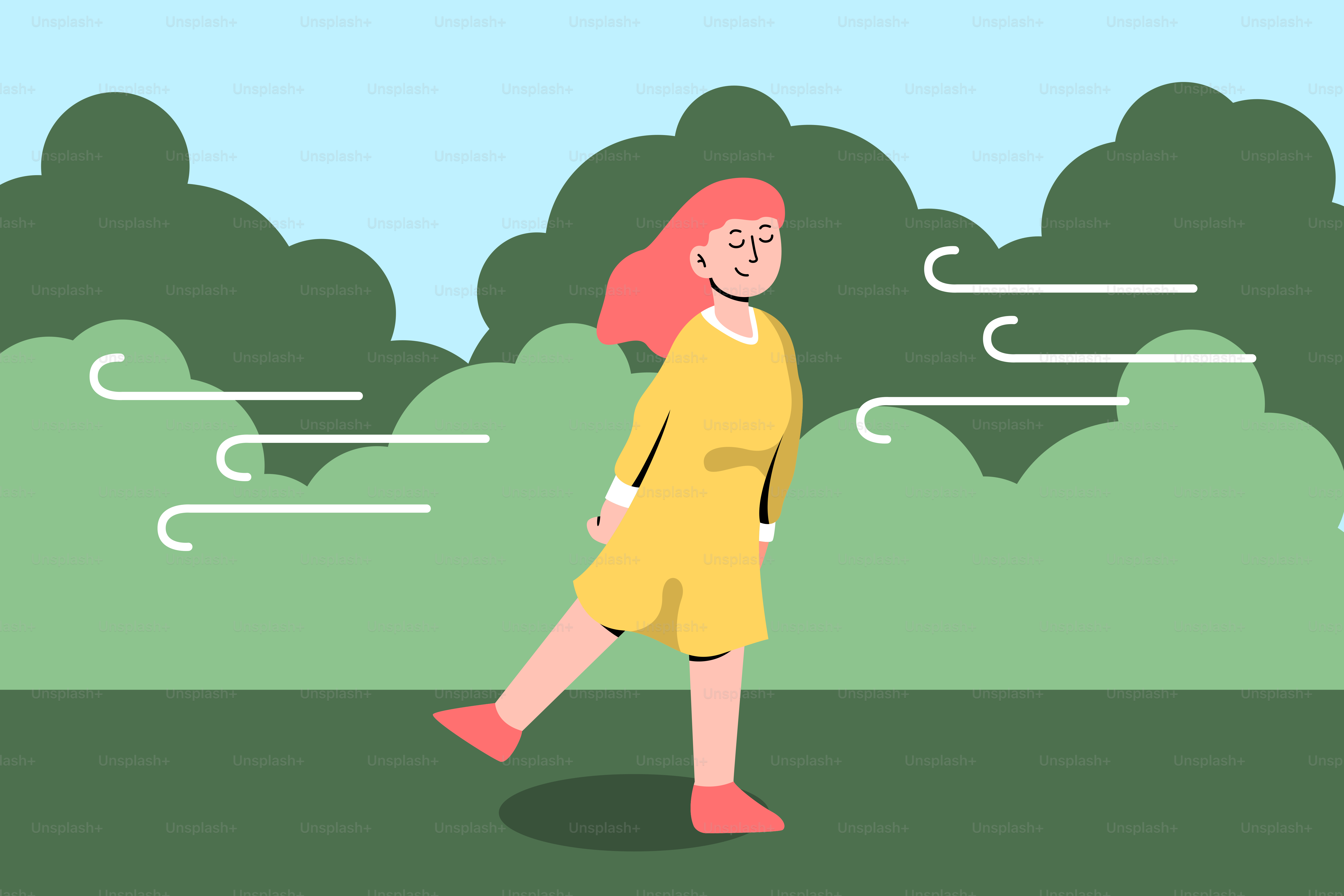 A woman in a yellow dress walking in a park