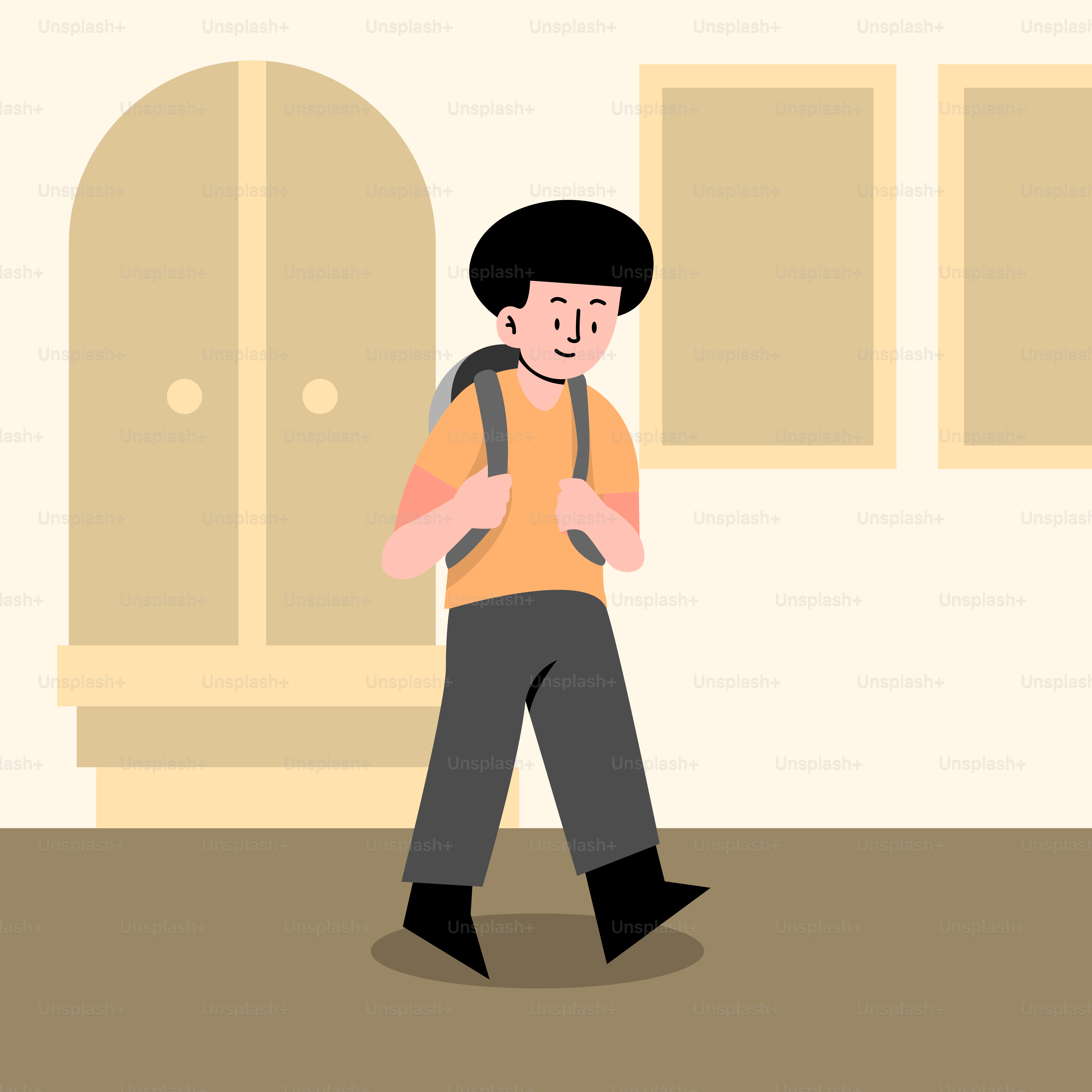 A man with a backpack walking down a hallway