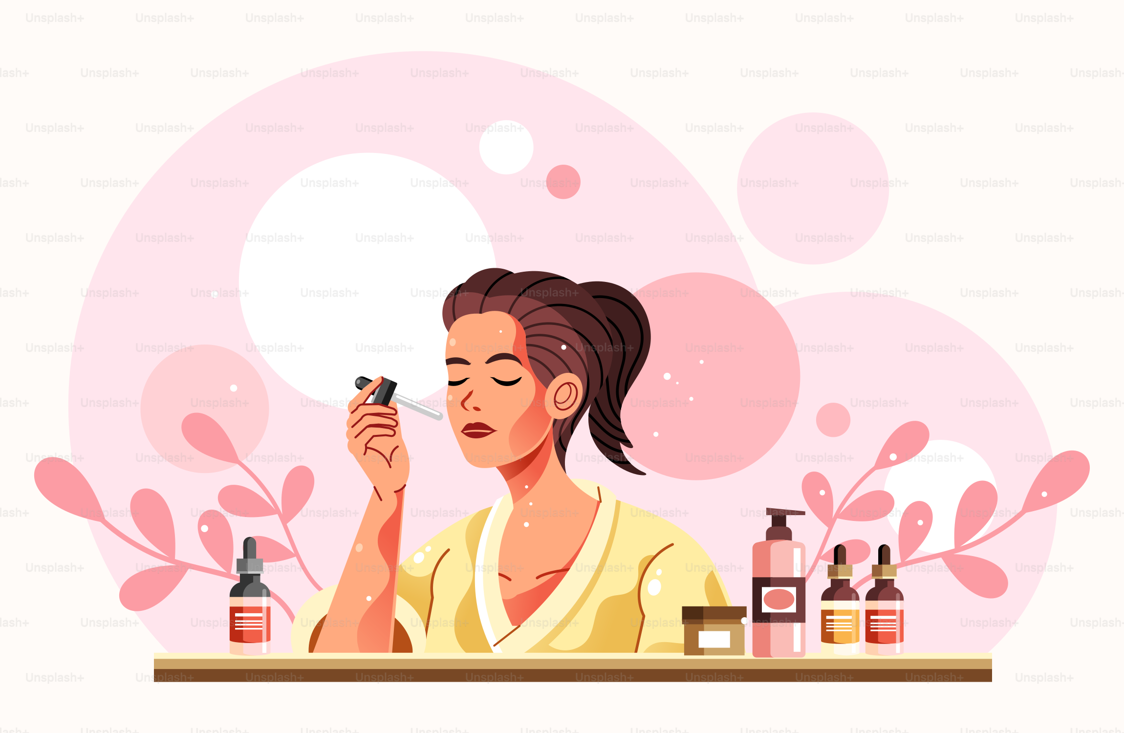 A woman sitting at a table with a bottle of lotion in front of her