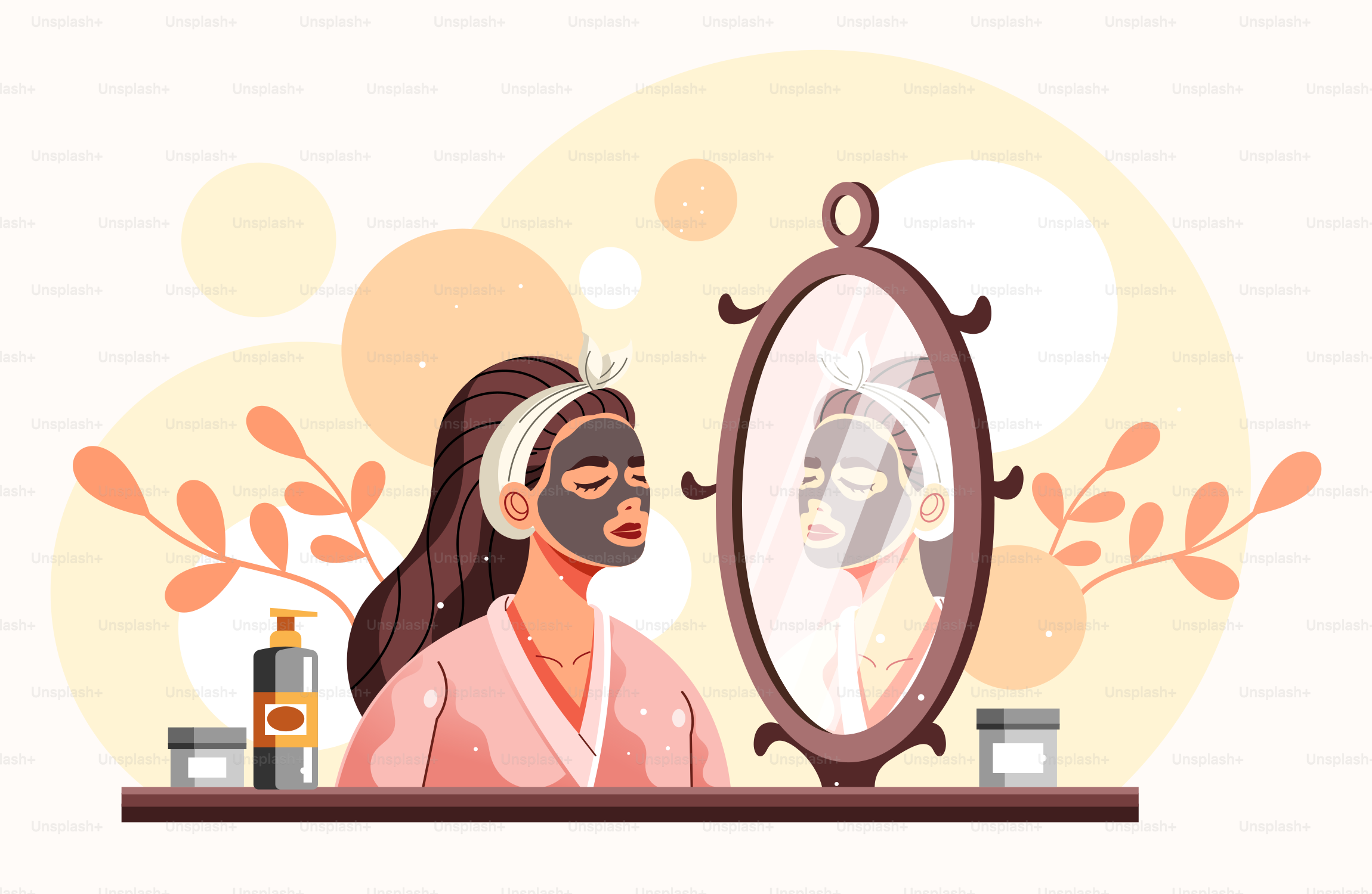 A woman with a face mask looking in a mirror