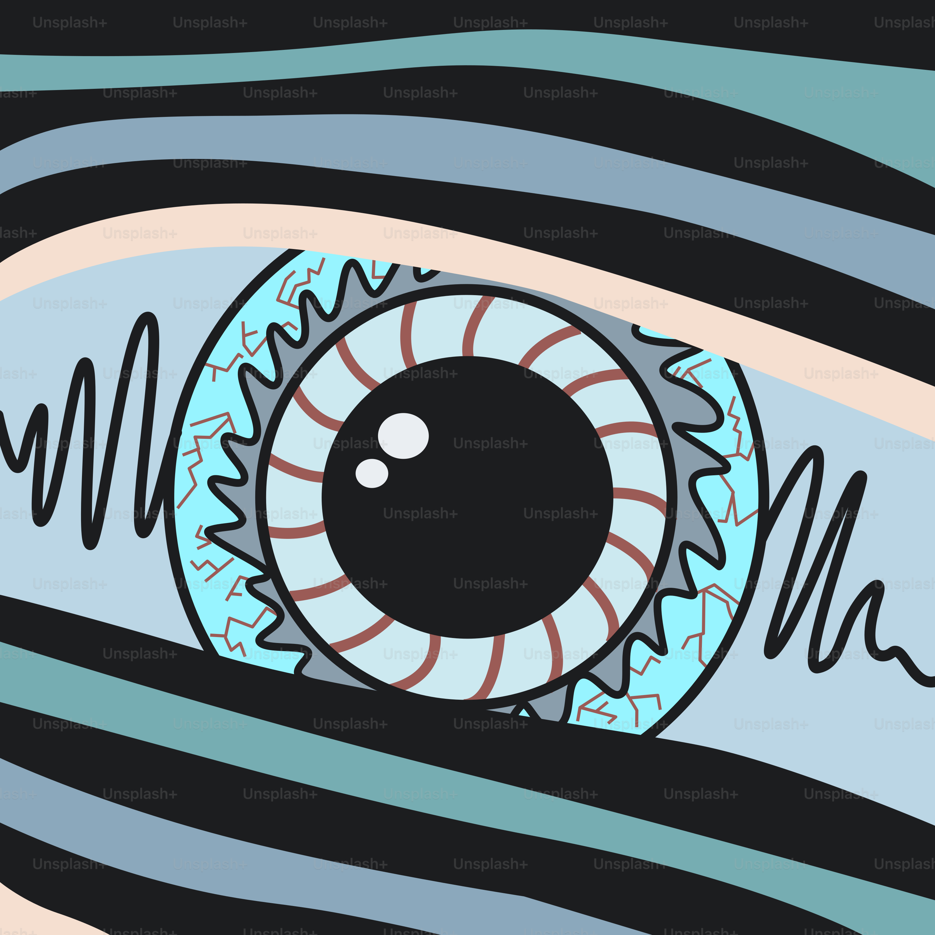 A drawing of an eye with a spiral around it