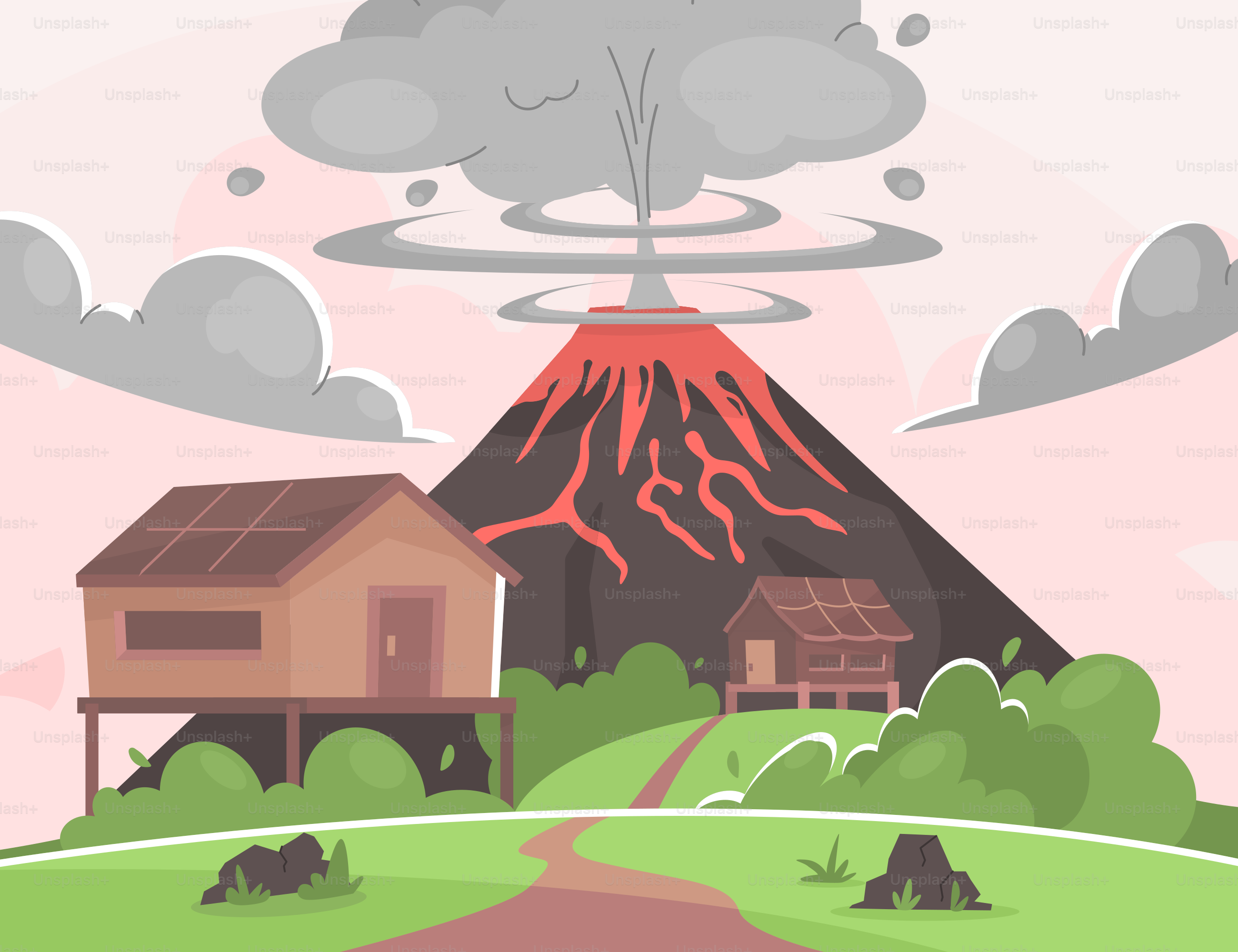 A drawing of a house with a volcano in the background