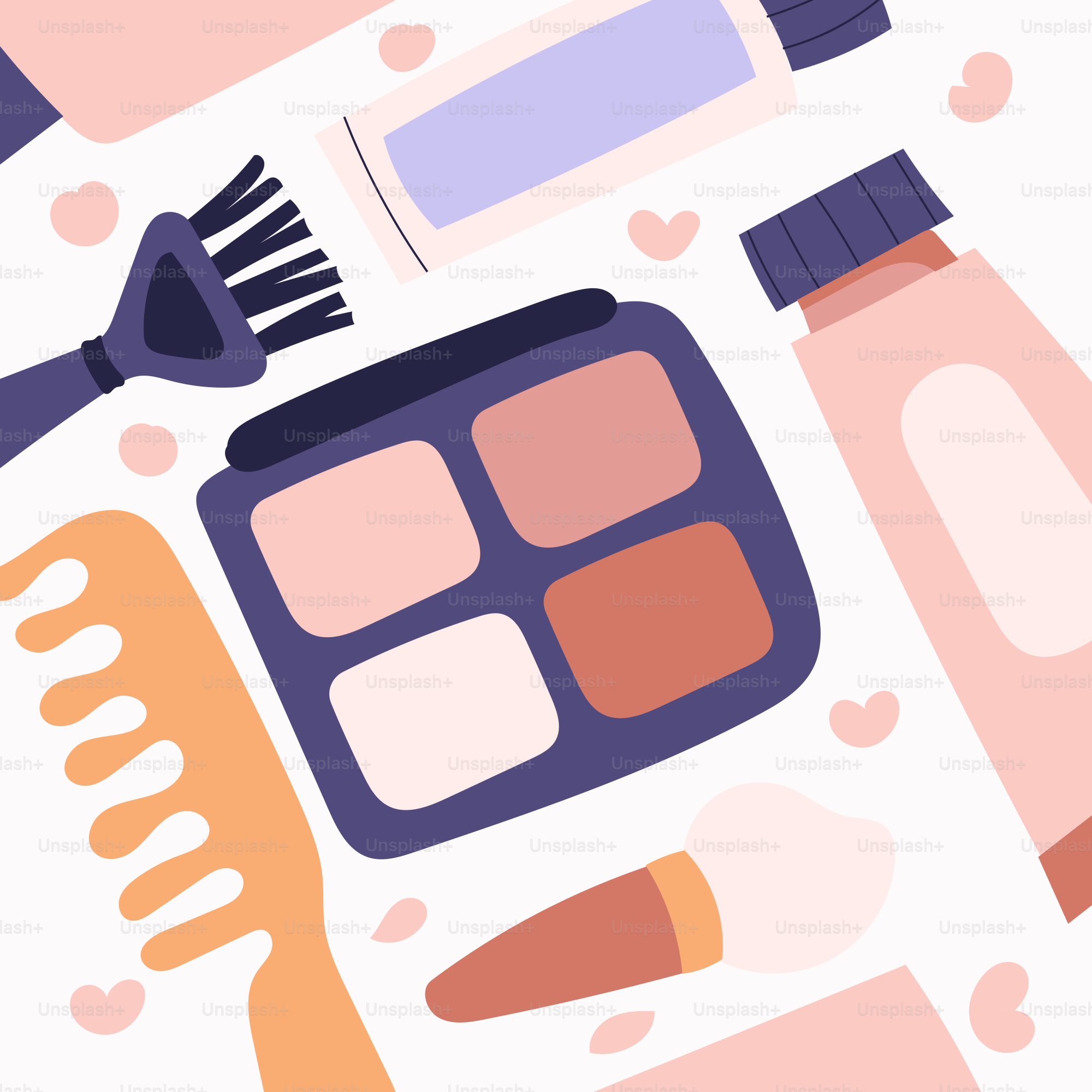 A flat lay of cosmetics, brushes, and a comb