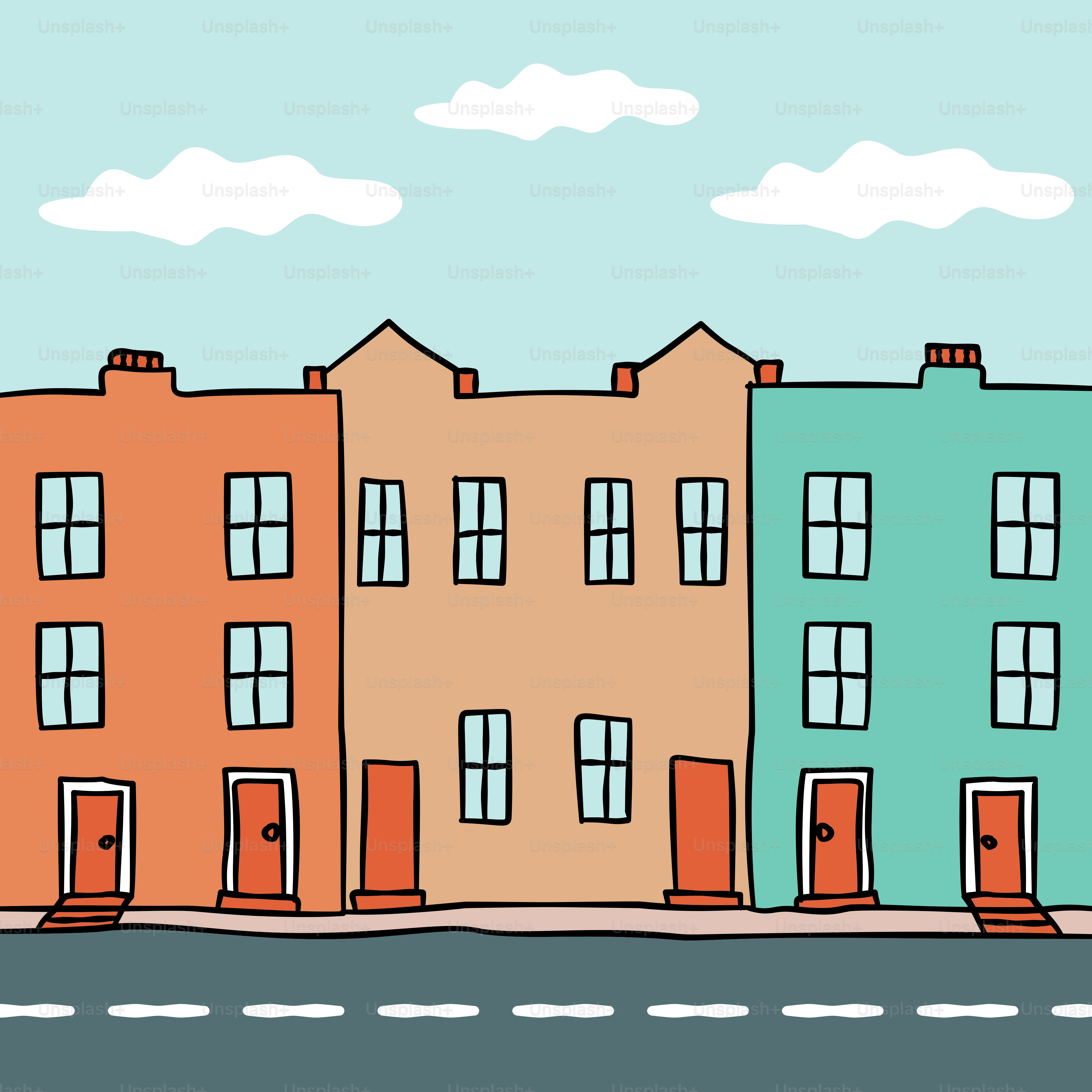 A drawing of a row of houses on a street