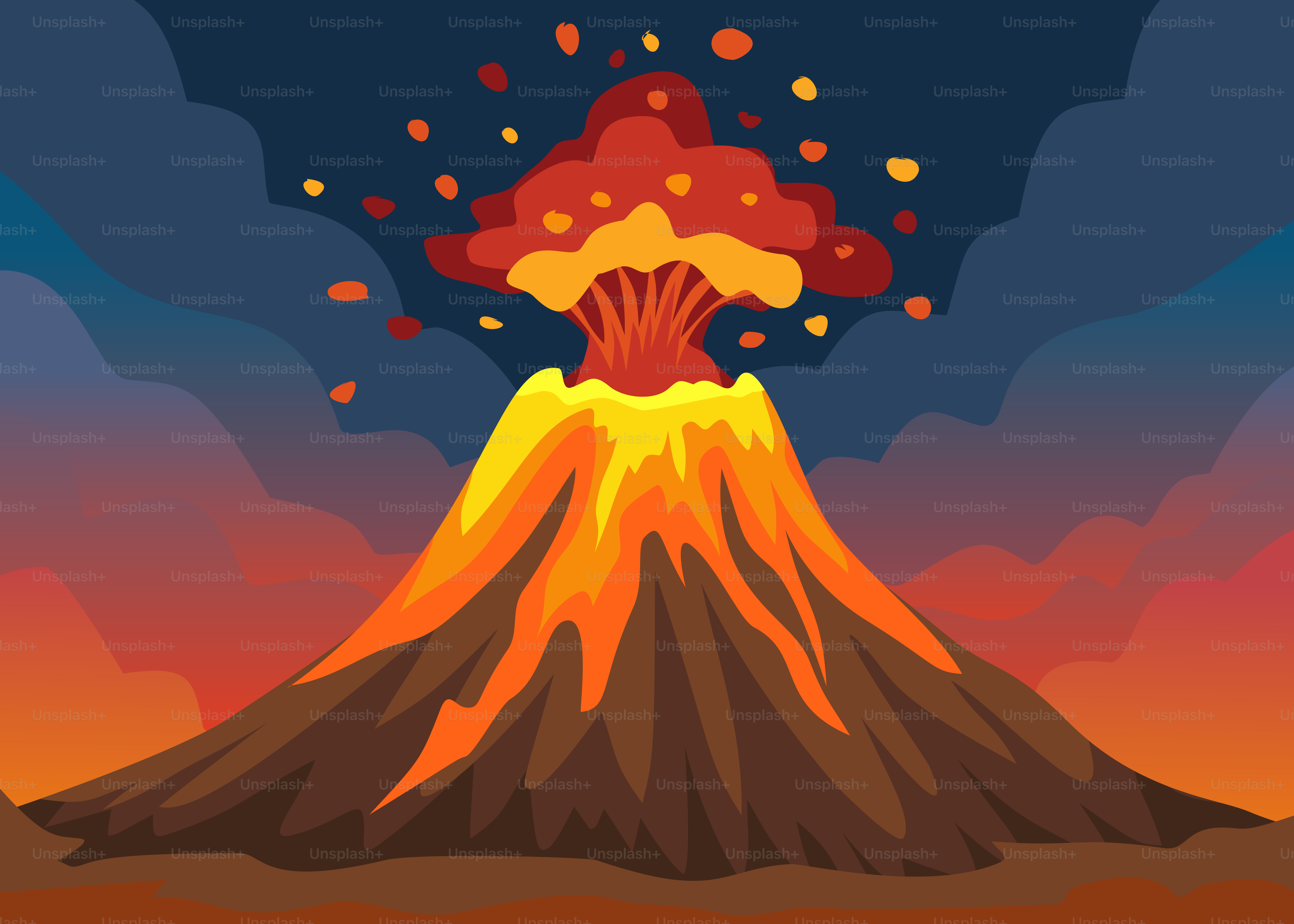 An illustration of a volcano spewing lava into the sky