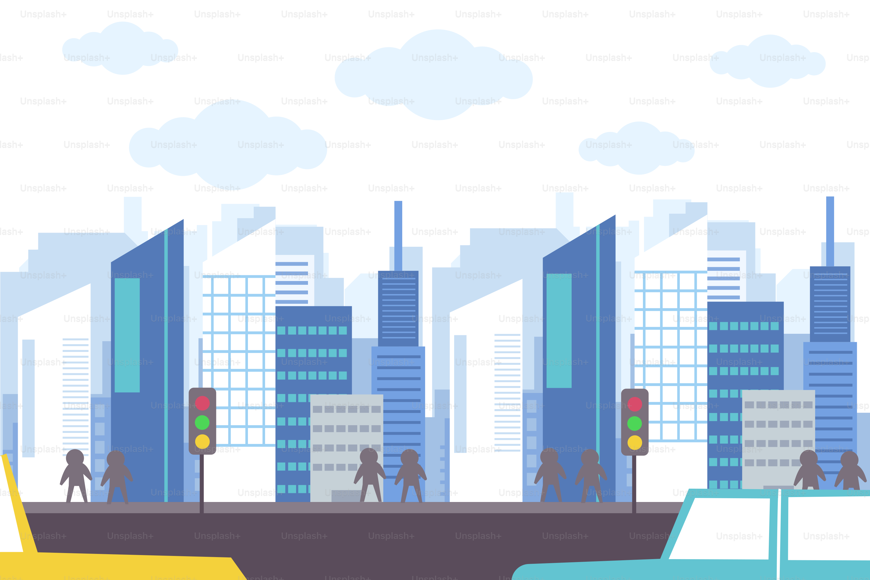 A city with tall buildings and cars driving down the street