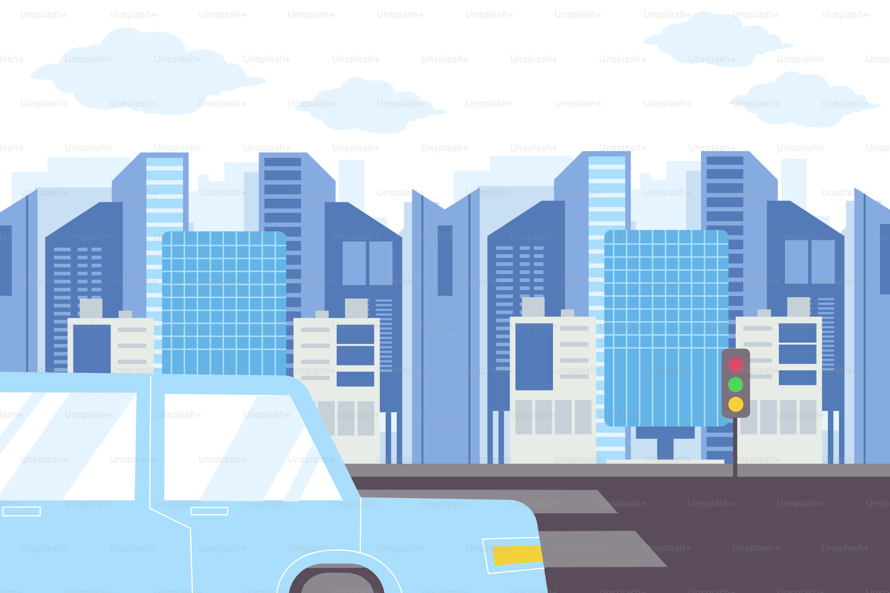 A blue car driving down a street next to tall buildings