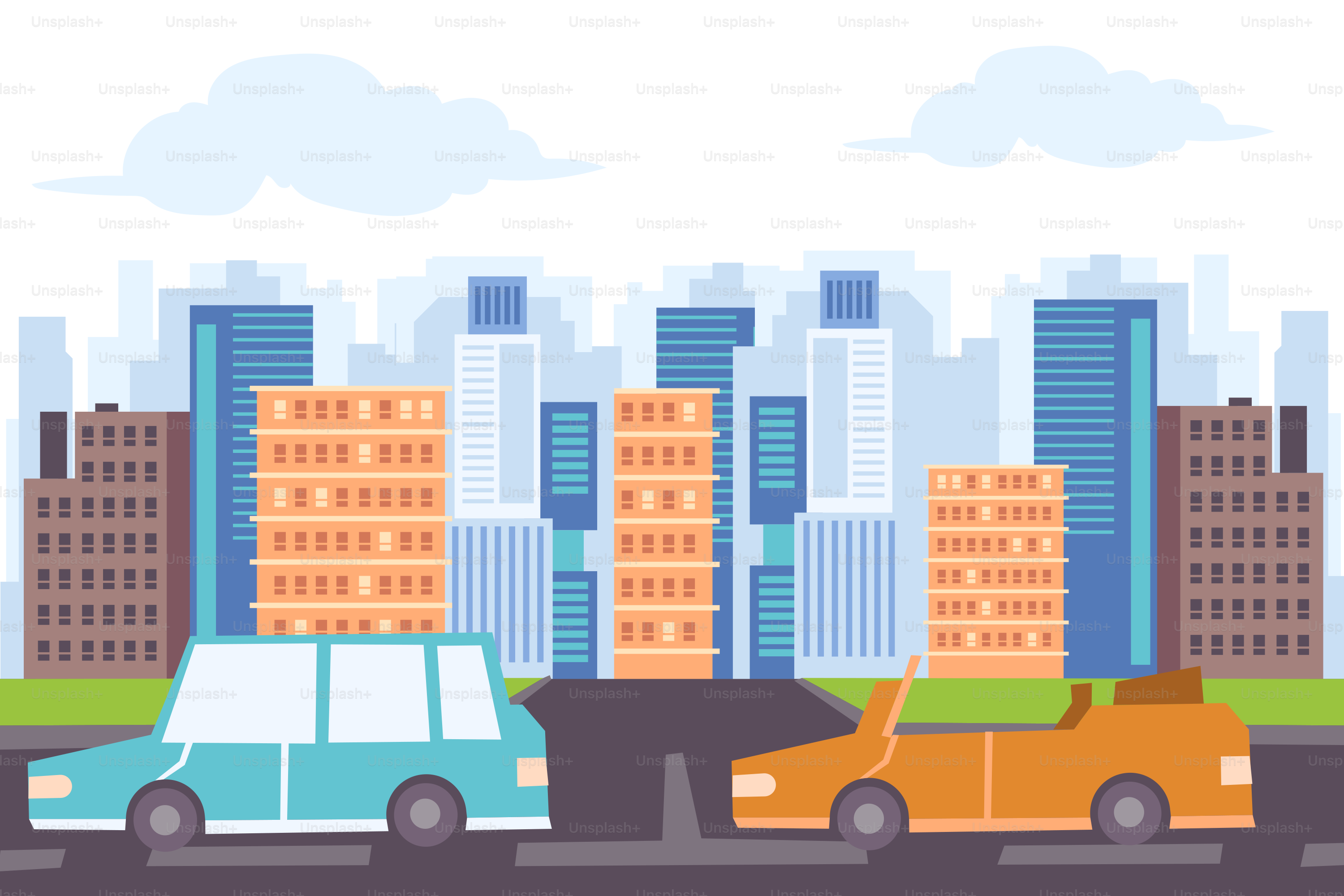 A couple of cars driving down a street next to tall buildings