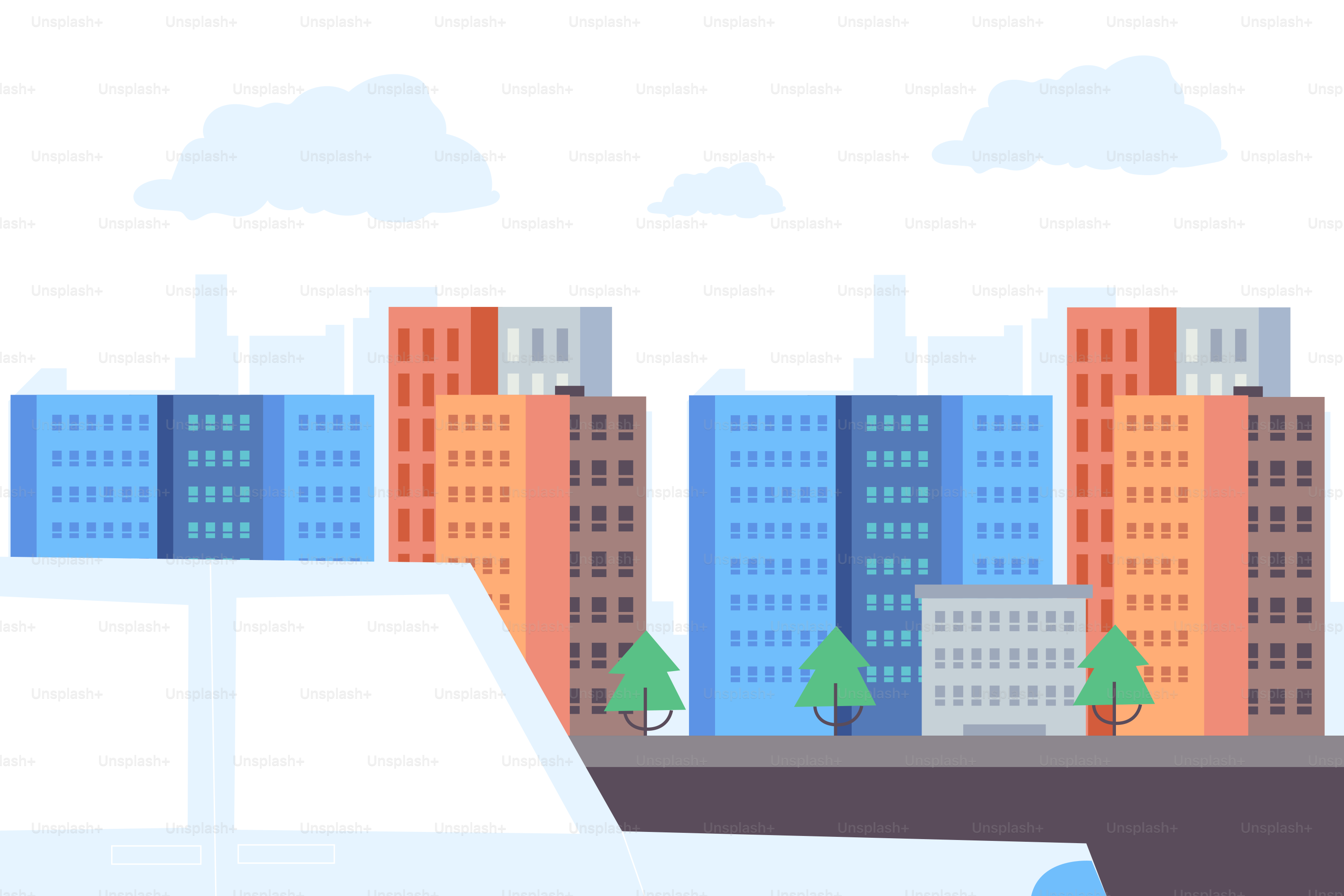 A white car driving down a street next to tall buildings