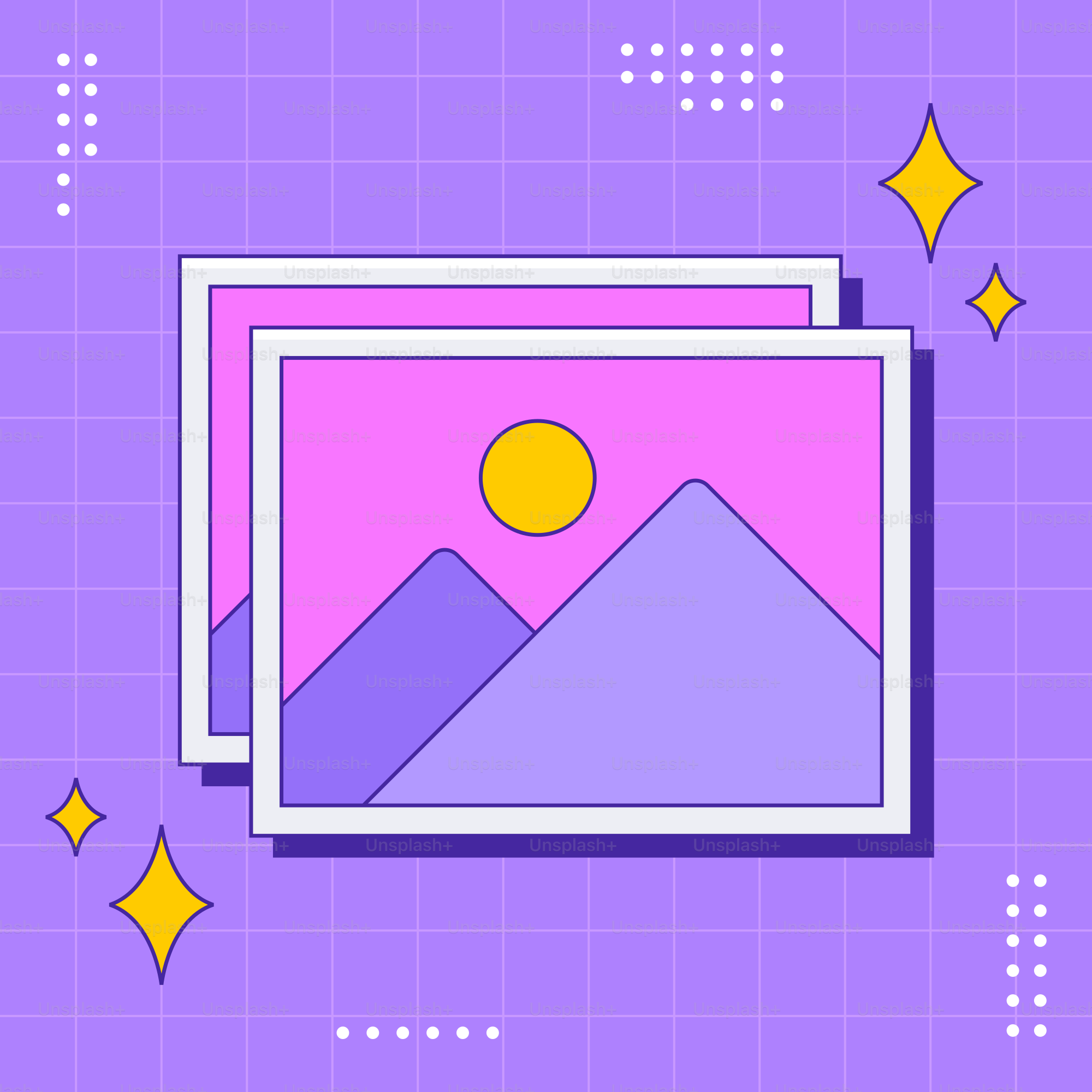 Uno sfondo viola con un'immagine di montagne e stelle