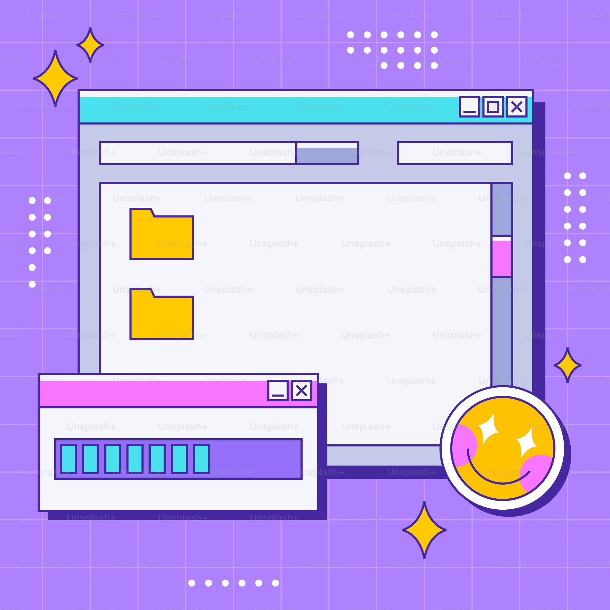 A purple background with a computer screen and a button