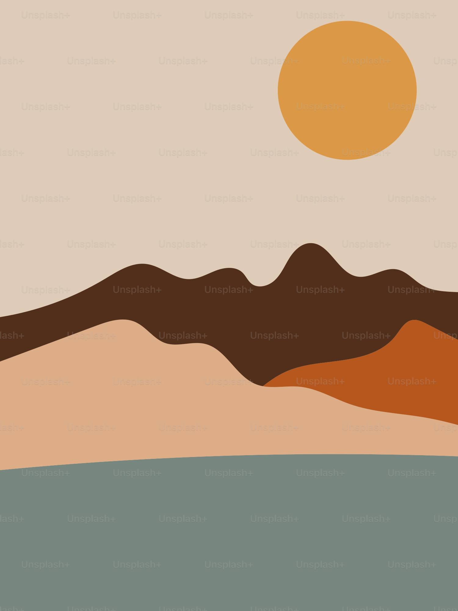 A landscape with mountains and a sun in the sky