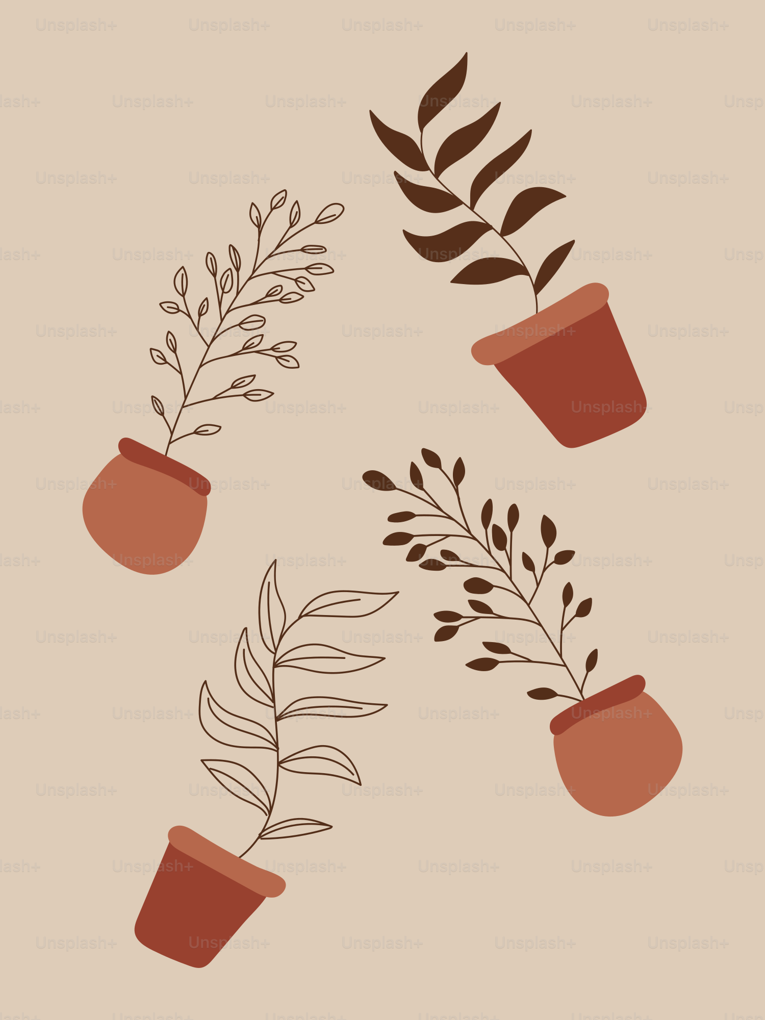 A set of three potted plants on a beige background