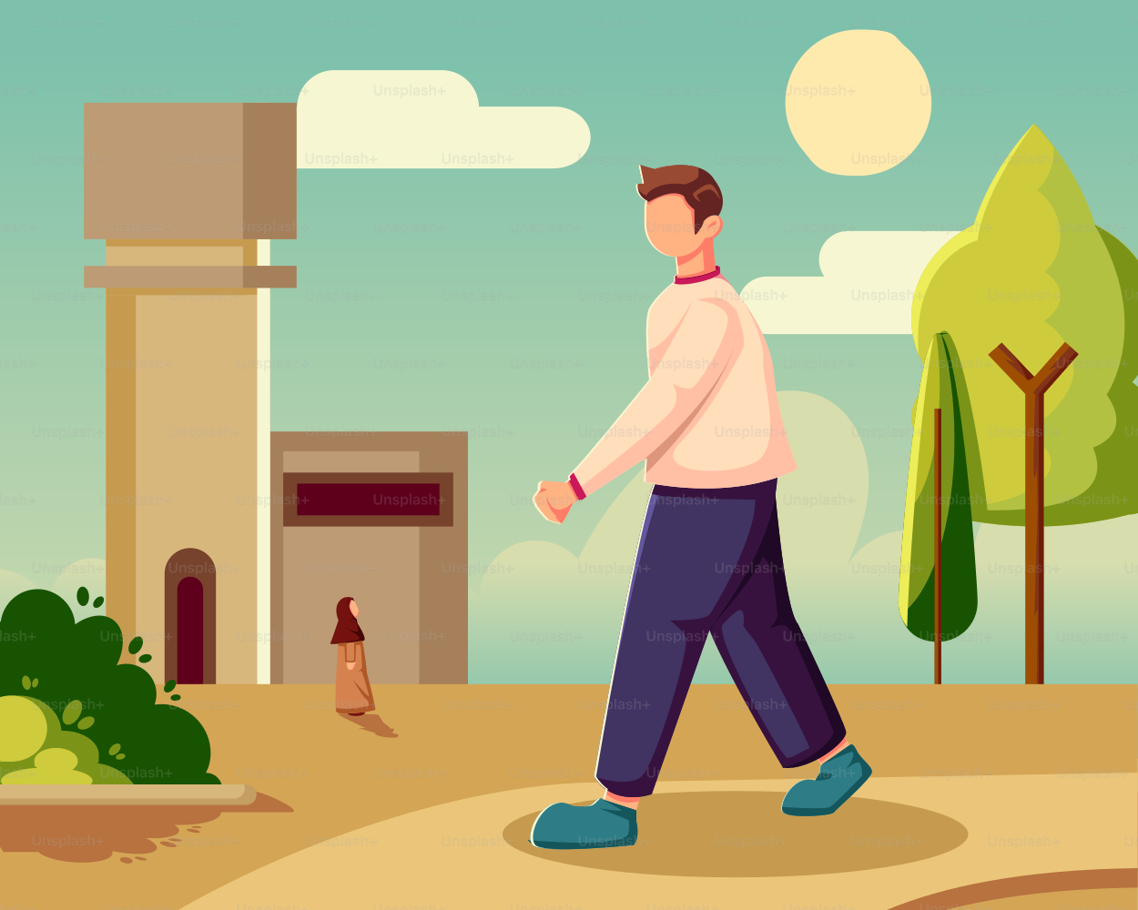A man walking down a street past a tall building