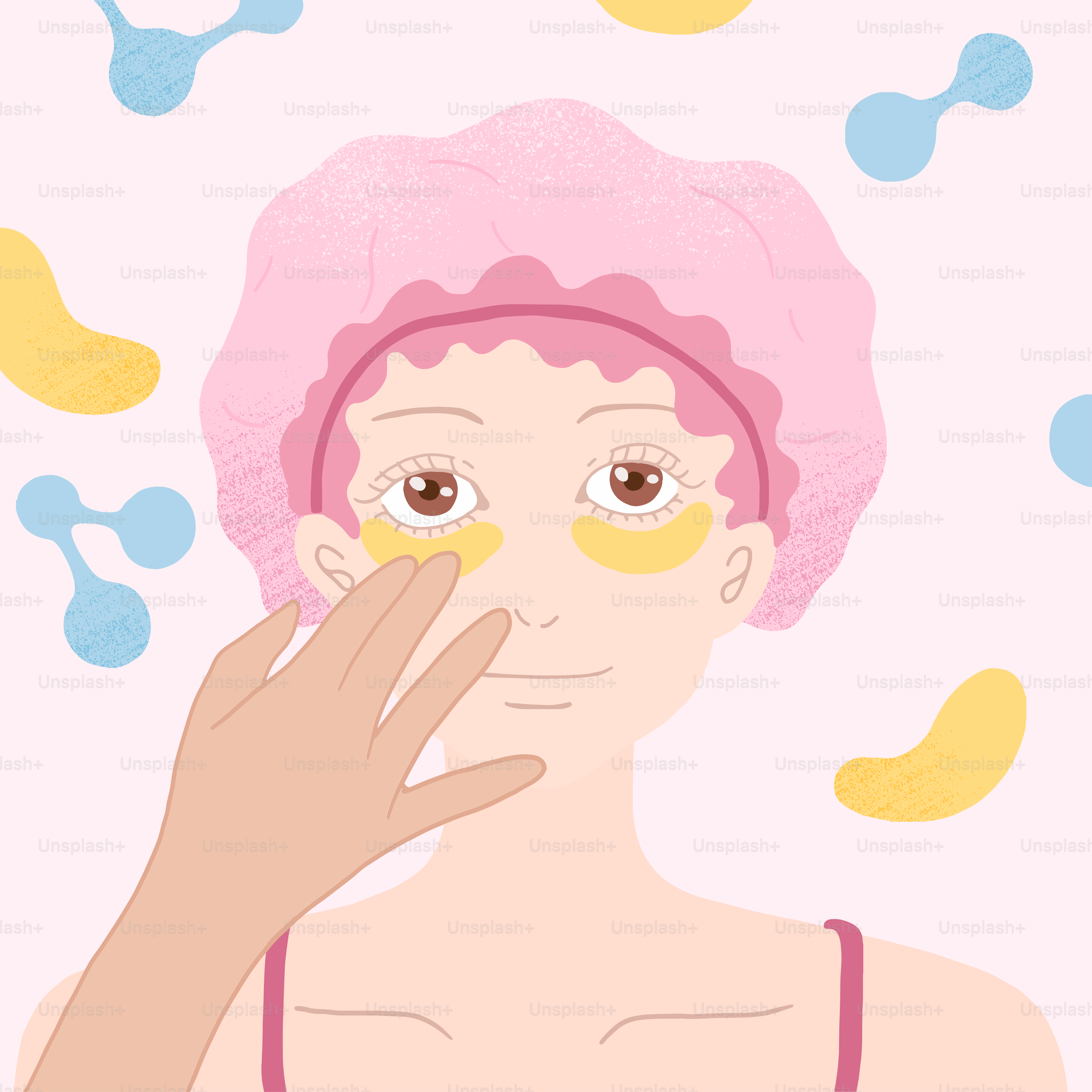 A woman with a pink towel on her head