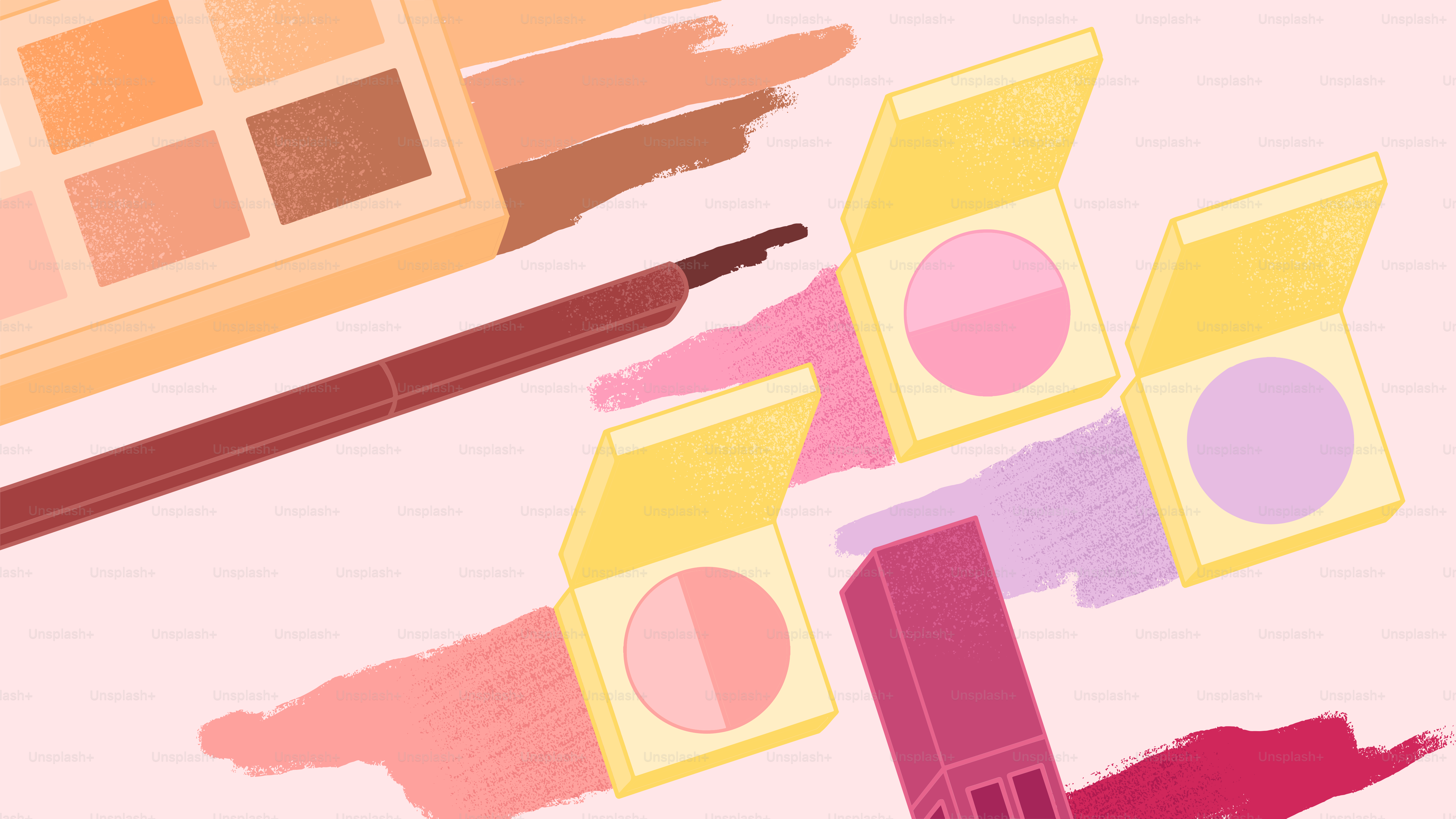 A pink background with various makeup products