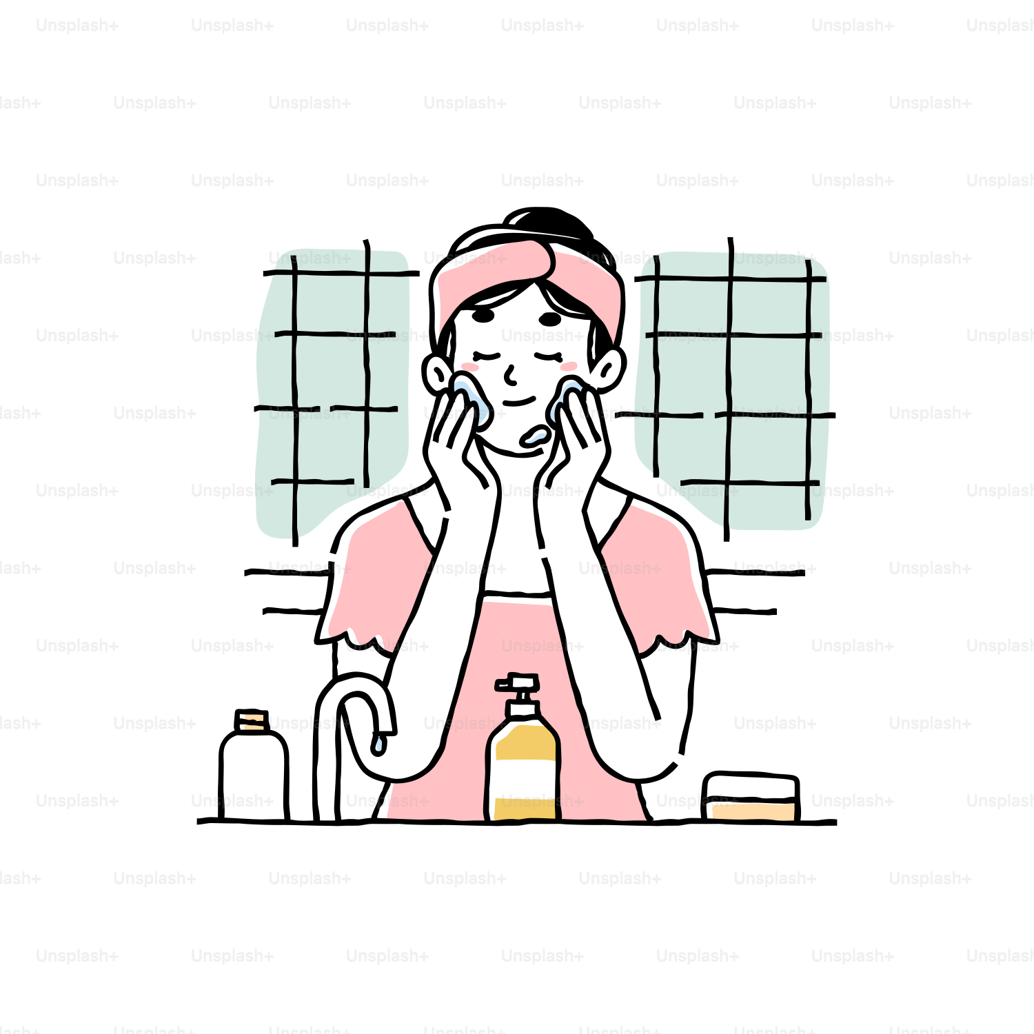 A woman with a towel on her head looking at her face