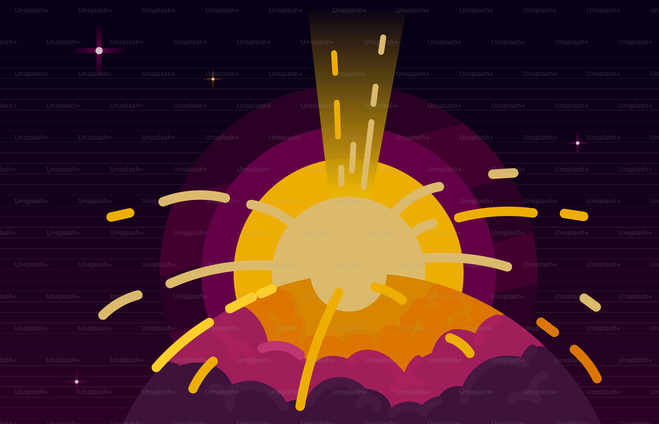 Un'illustrazione stilizzata di un vulcano con un sole splendente sullo sfondo