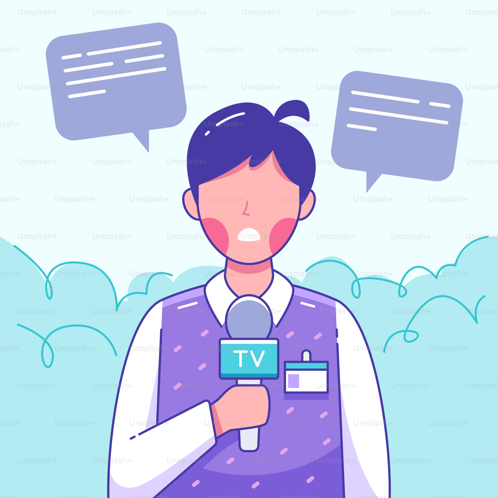 Un hombre sosteniendo un micrófono con burbujas de diálogo sobre su cabeza