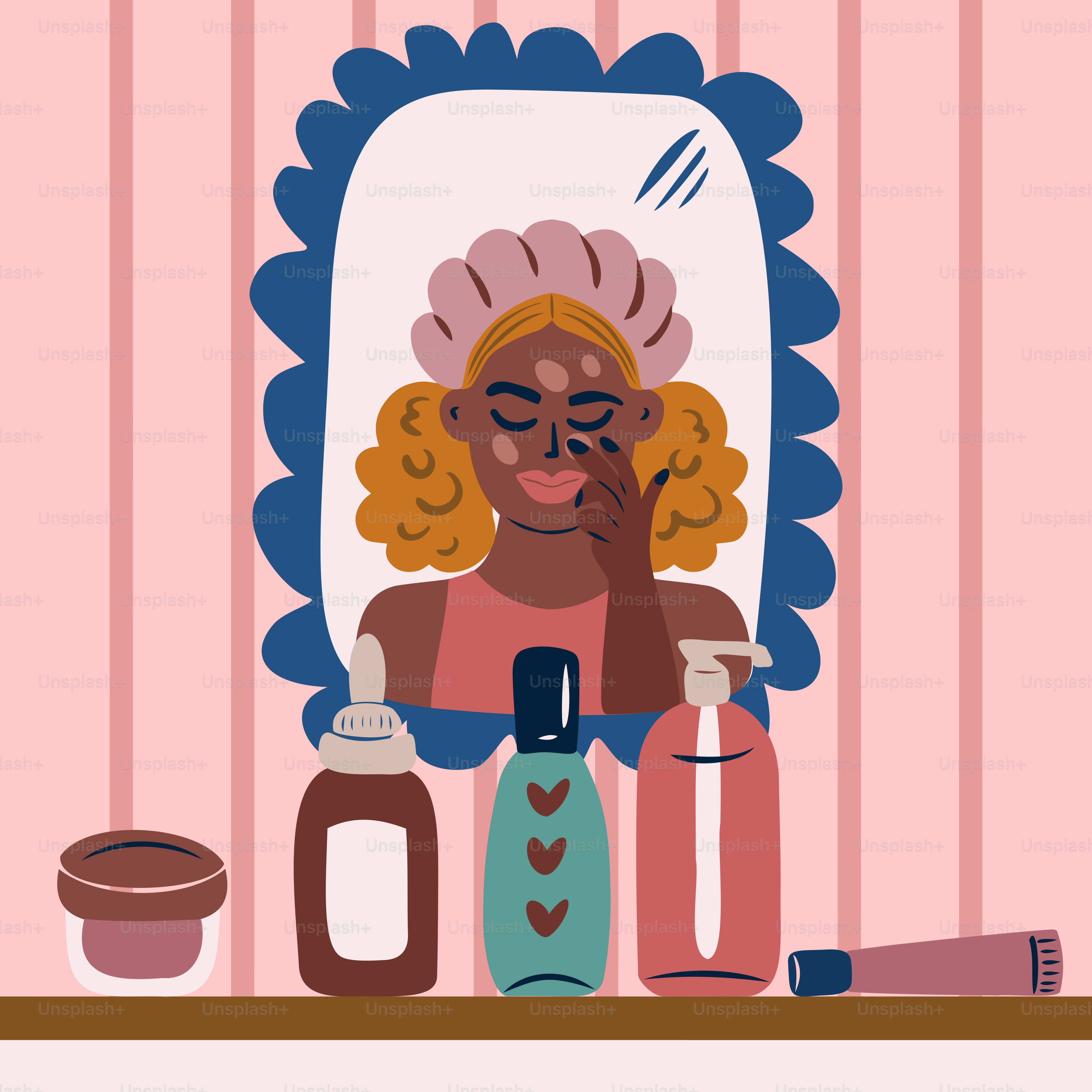 A woman sitting in front of a mirror with her hand on her face