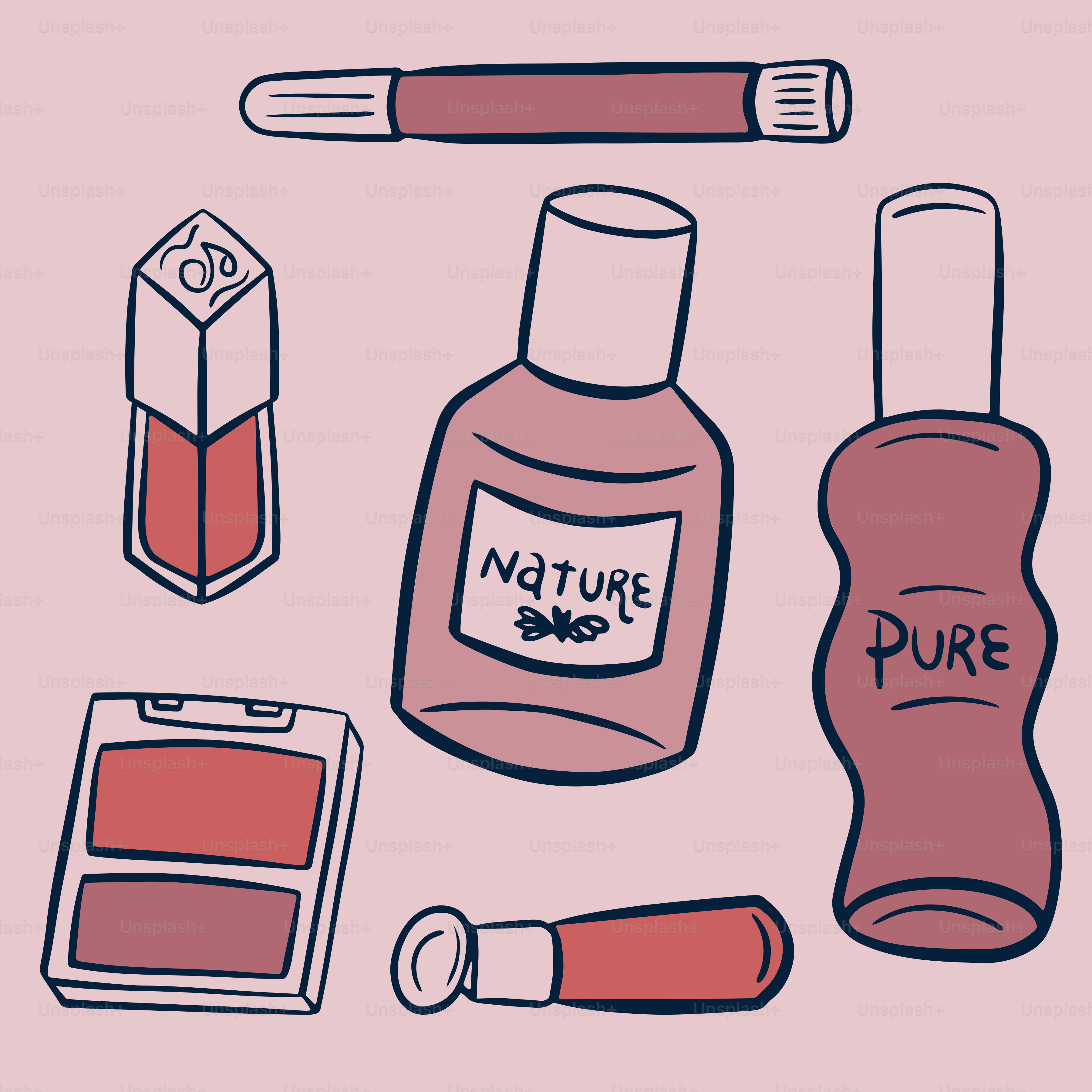 A pink background with a bottle, lipstick, and other items