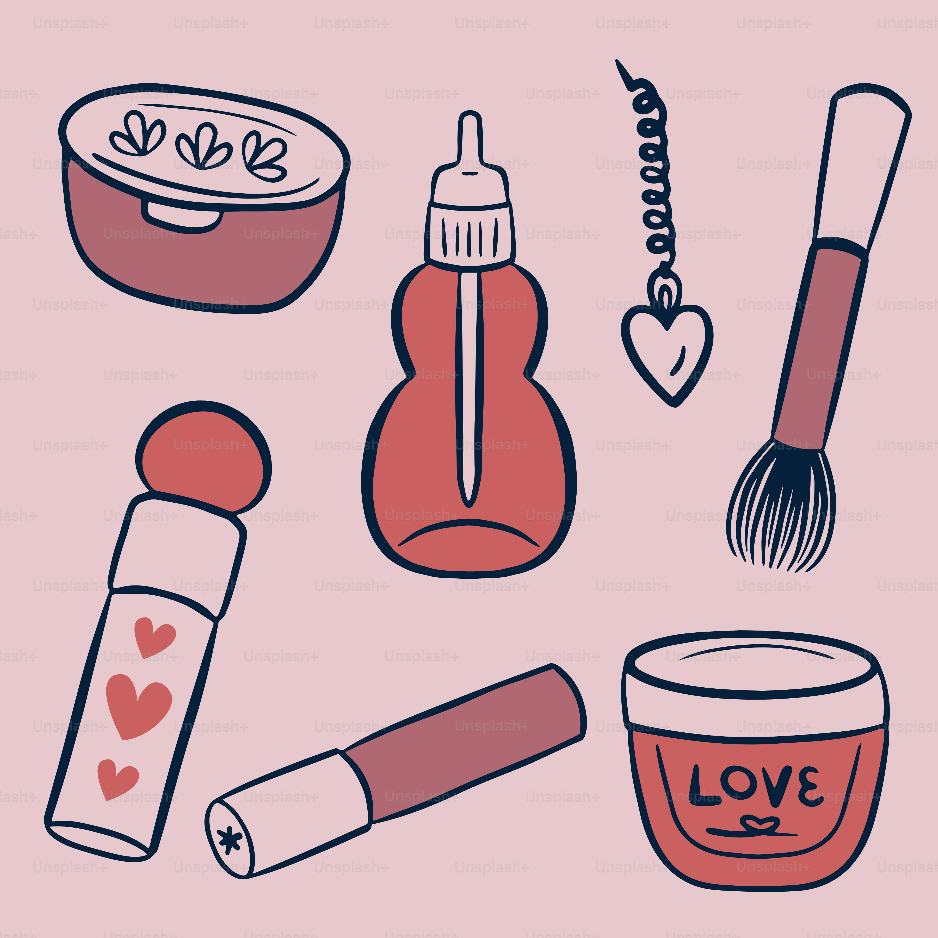 A pink background with a variety of beauty products
