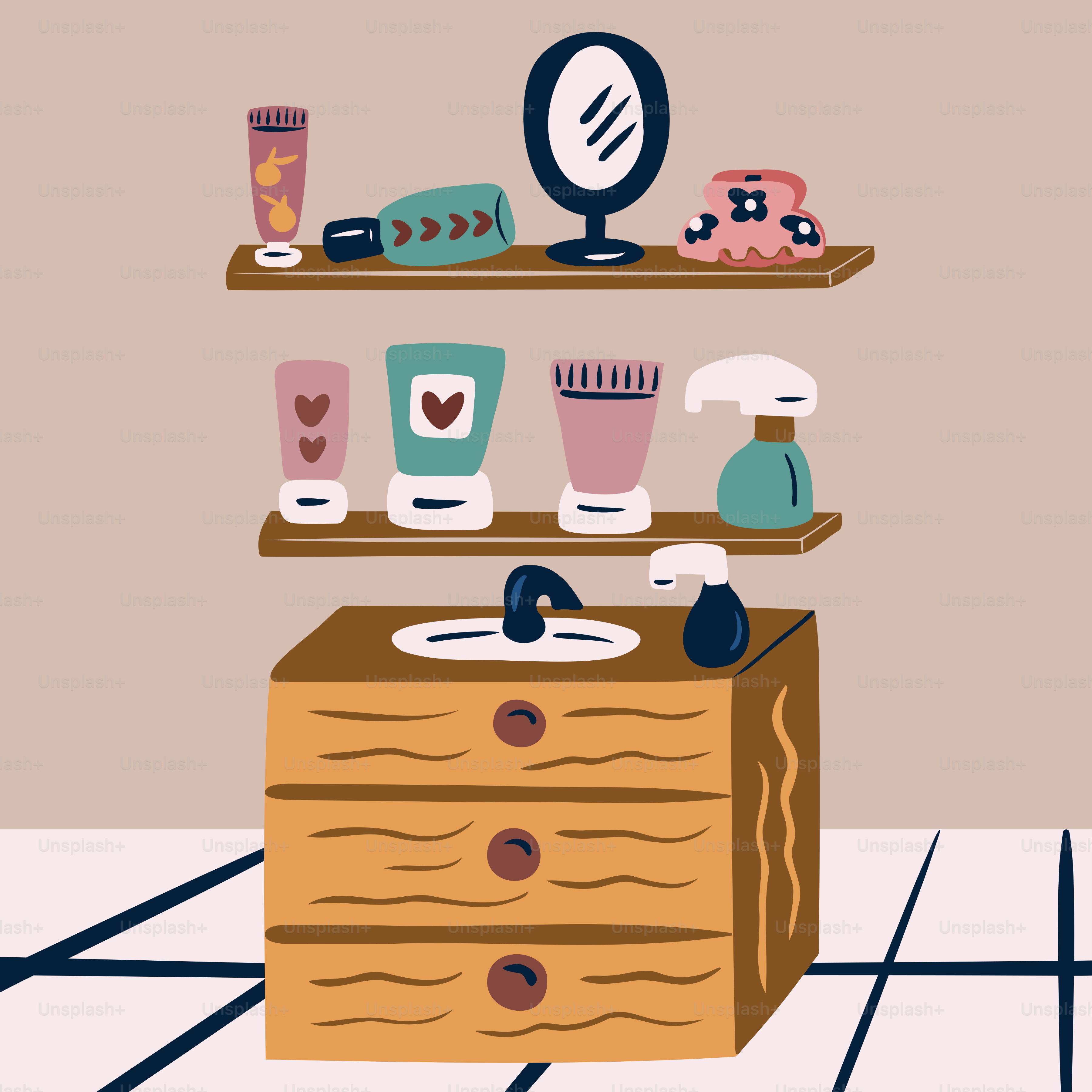 A bathroom with a sink and a mirror on a shelf