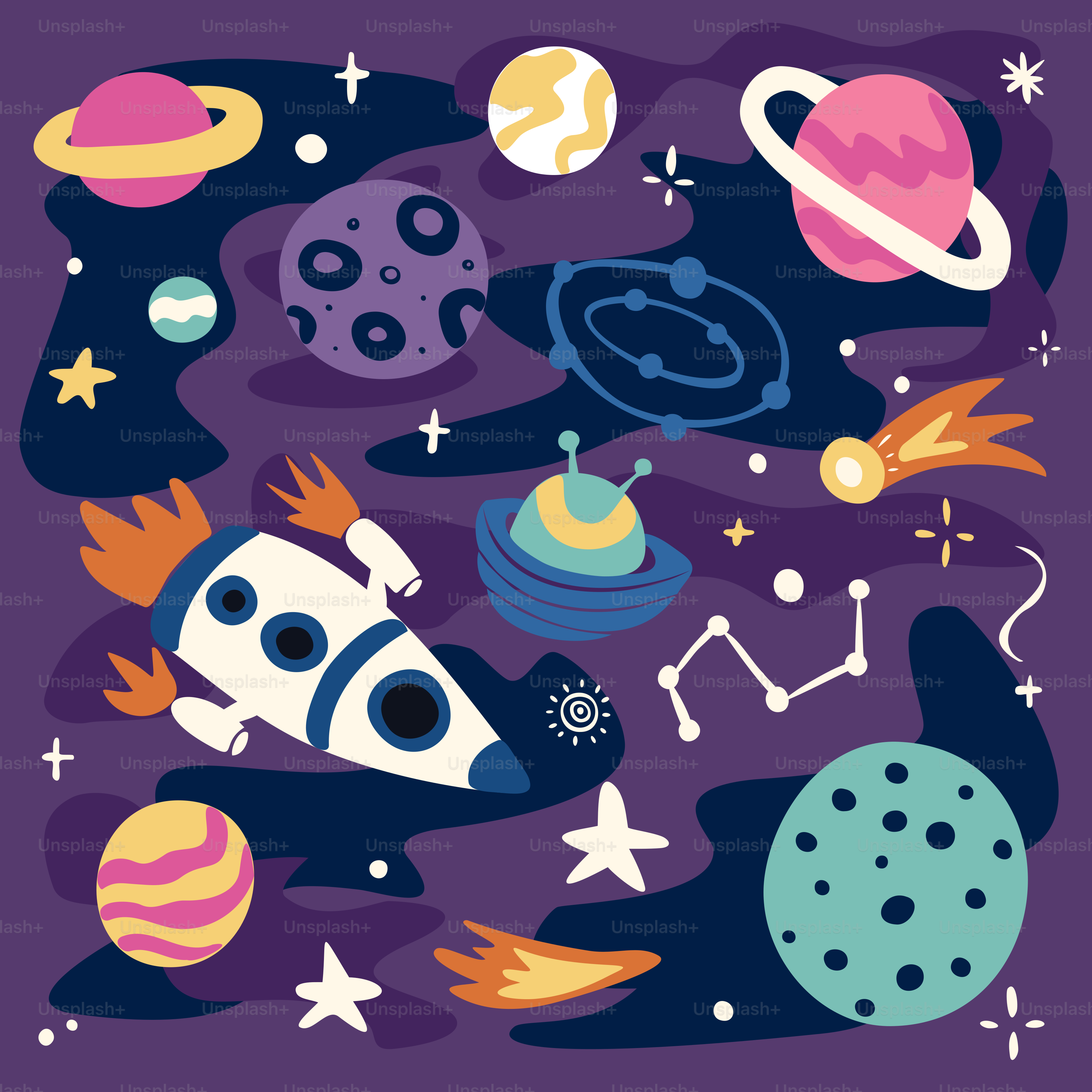 A space scene with a rocket, planets and stars vector – Space ...