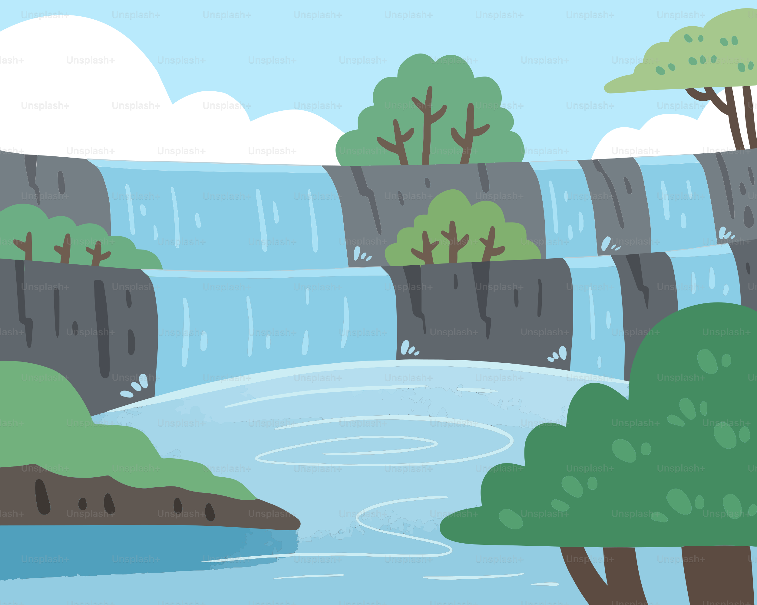A cartoon of a waterfall with trees and water