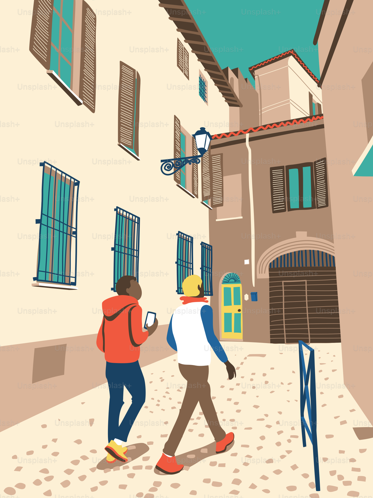 A couple of people that are walking down a street