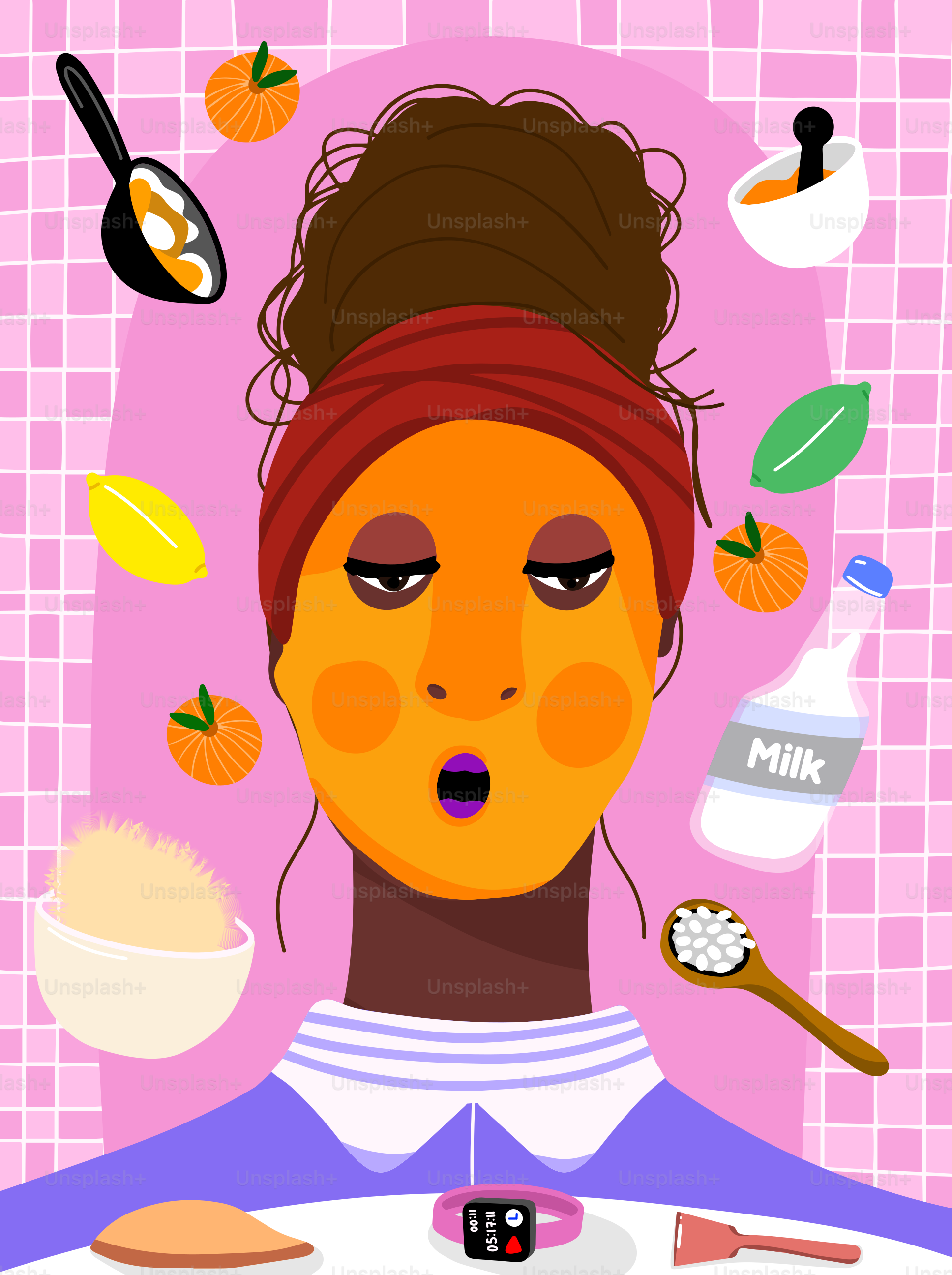 A woman with a towel on her head is looking at a plate of food