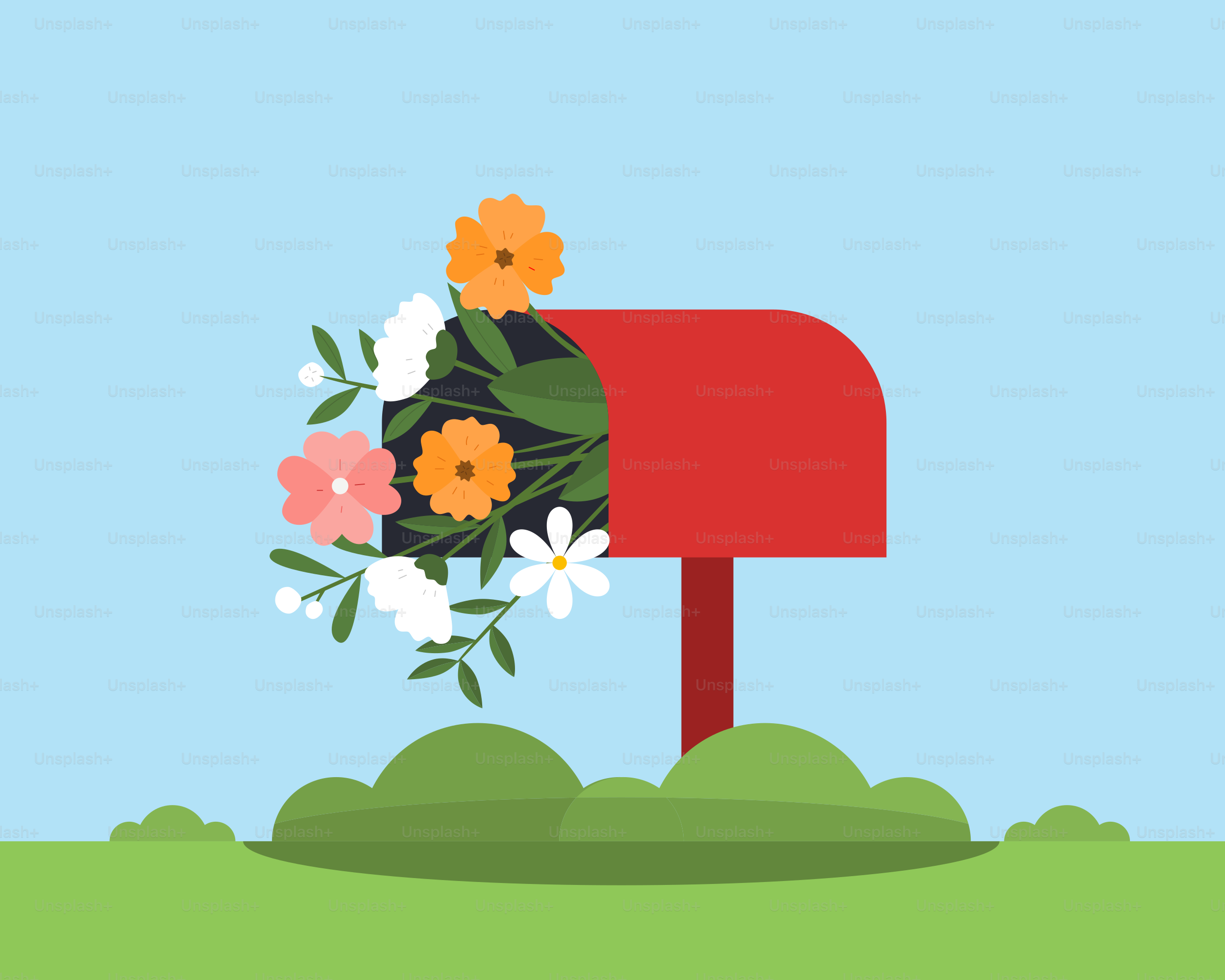 赤い郵便受けに花の束が入っていました