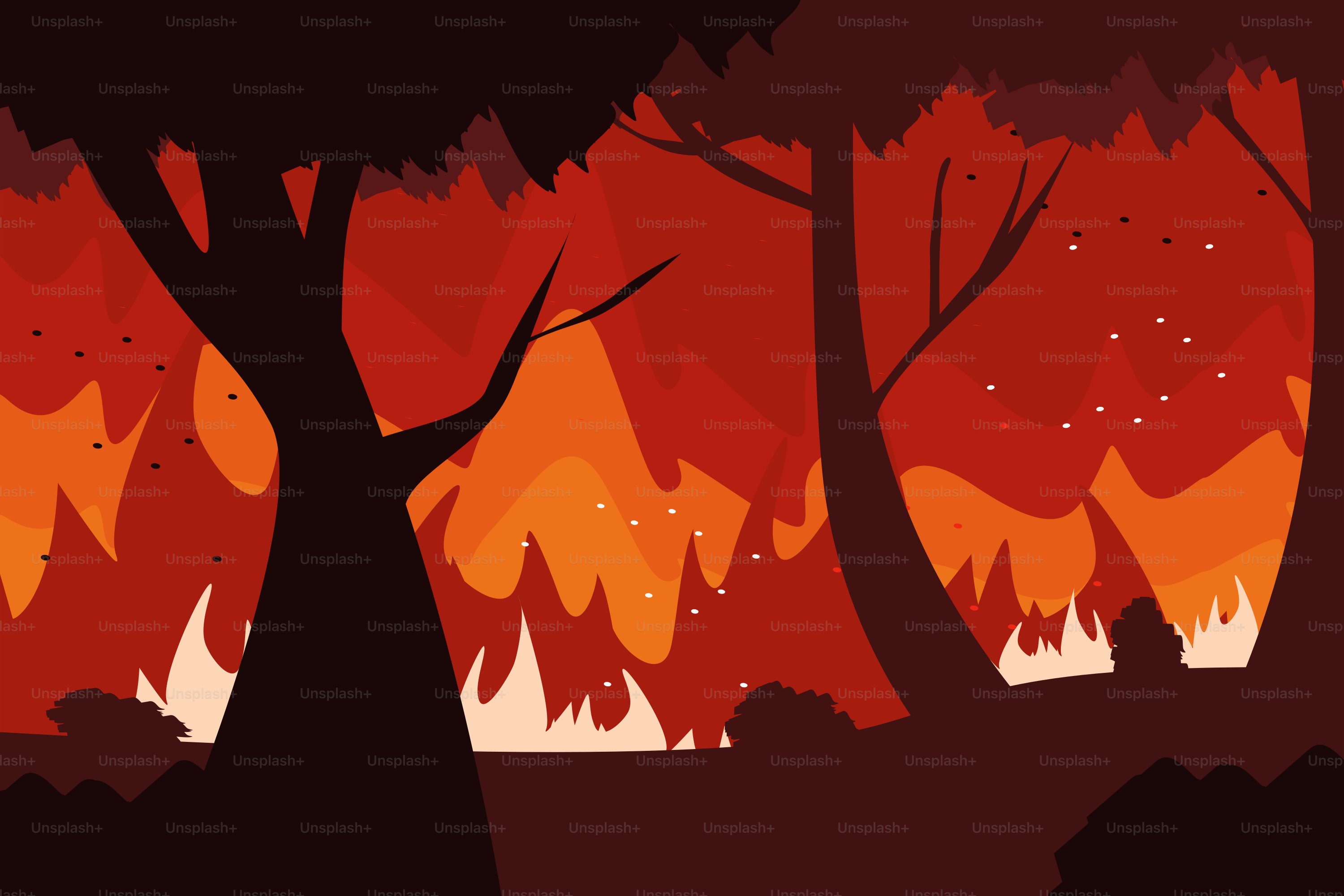 Un dibujo animado de un bosque con un incendio de fondo