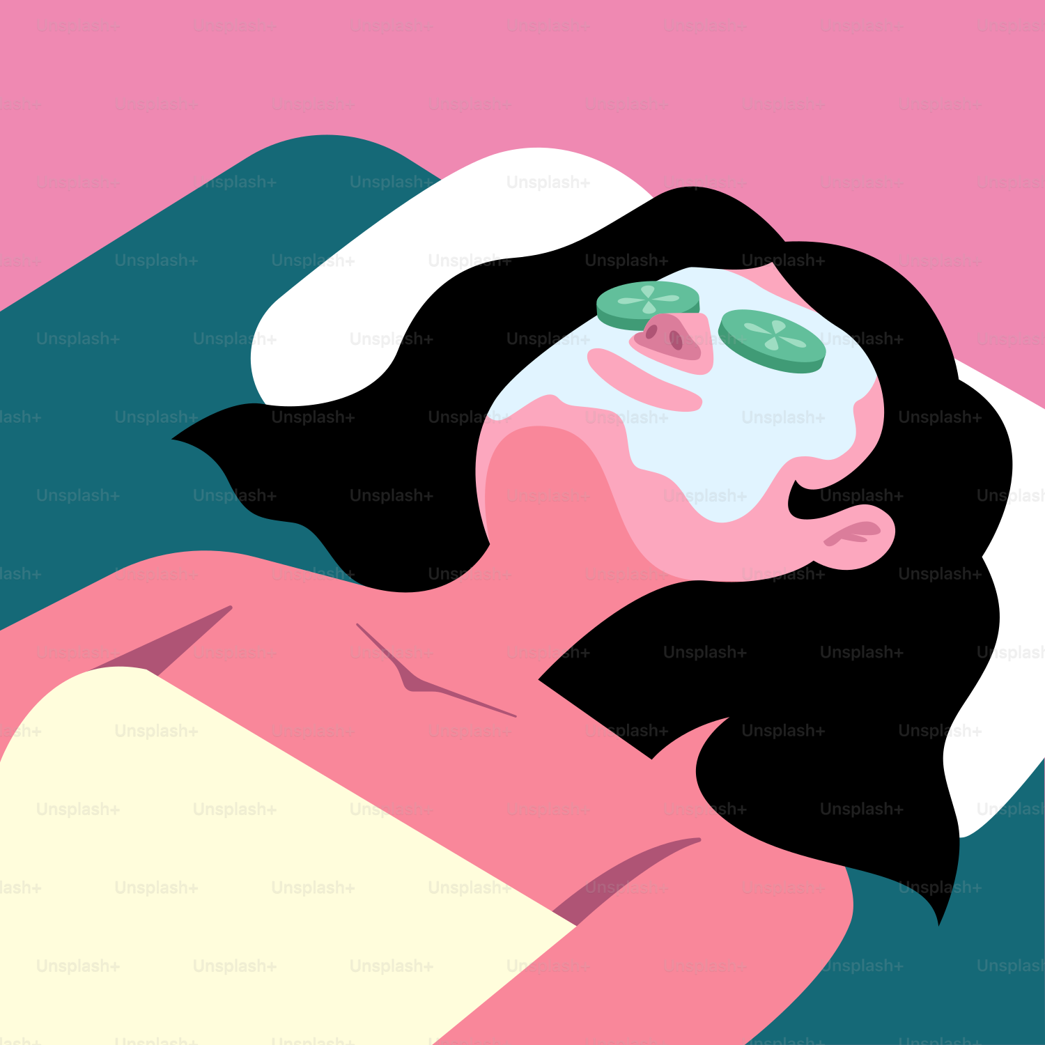 A woman laying in a bed with a towel on her head