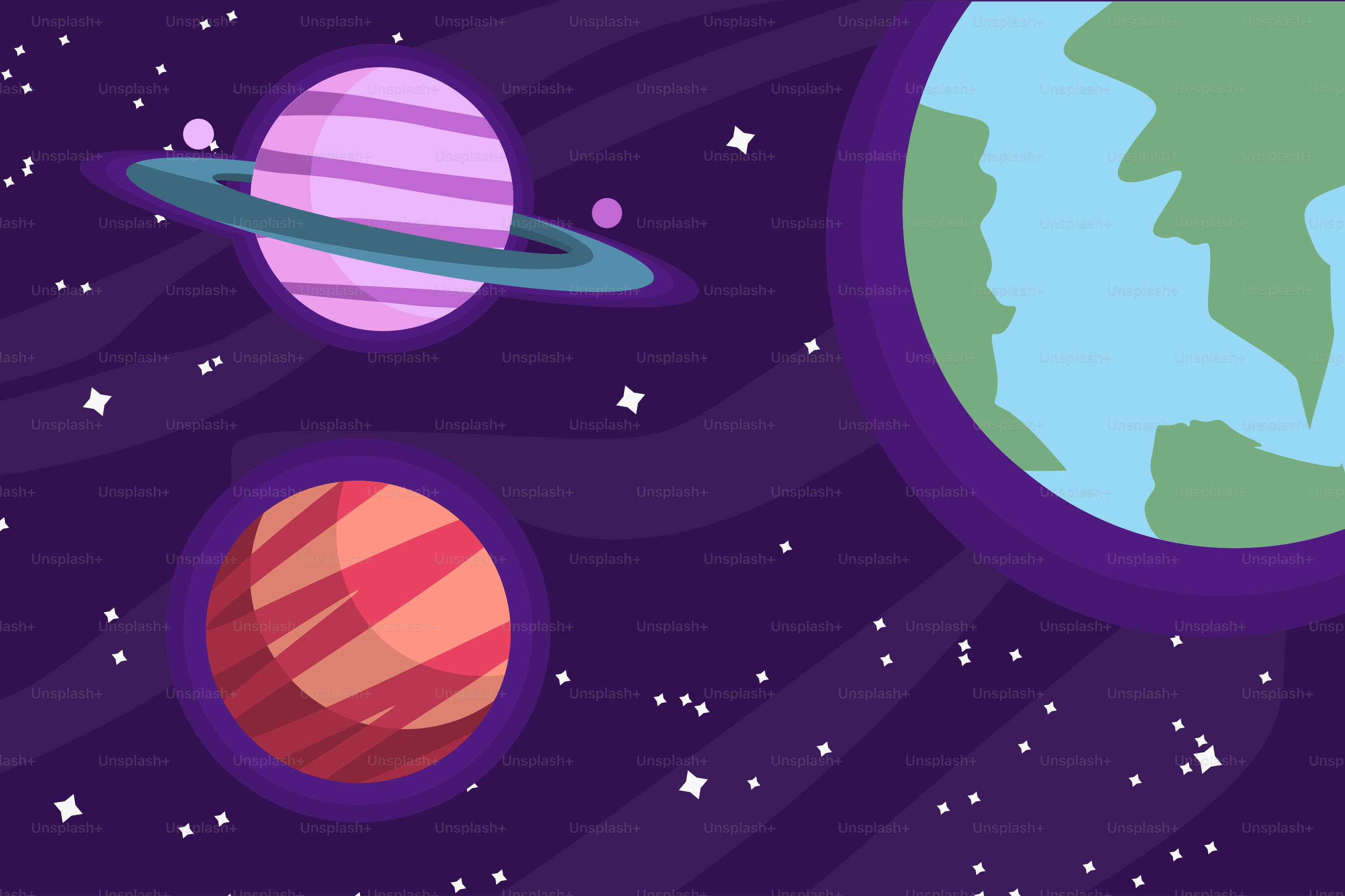 A picture of a space scene with planets and stars