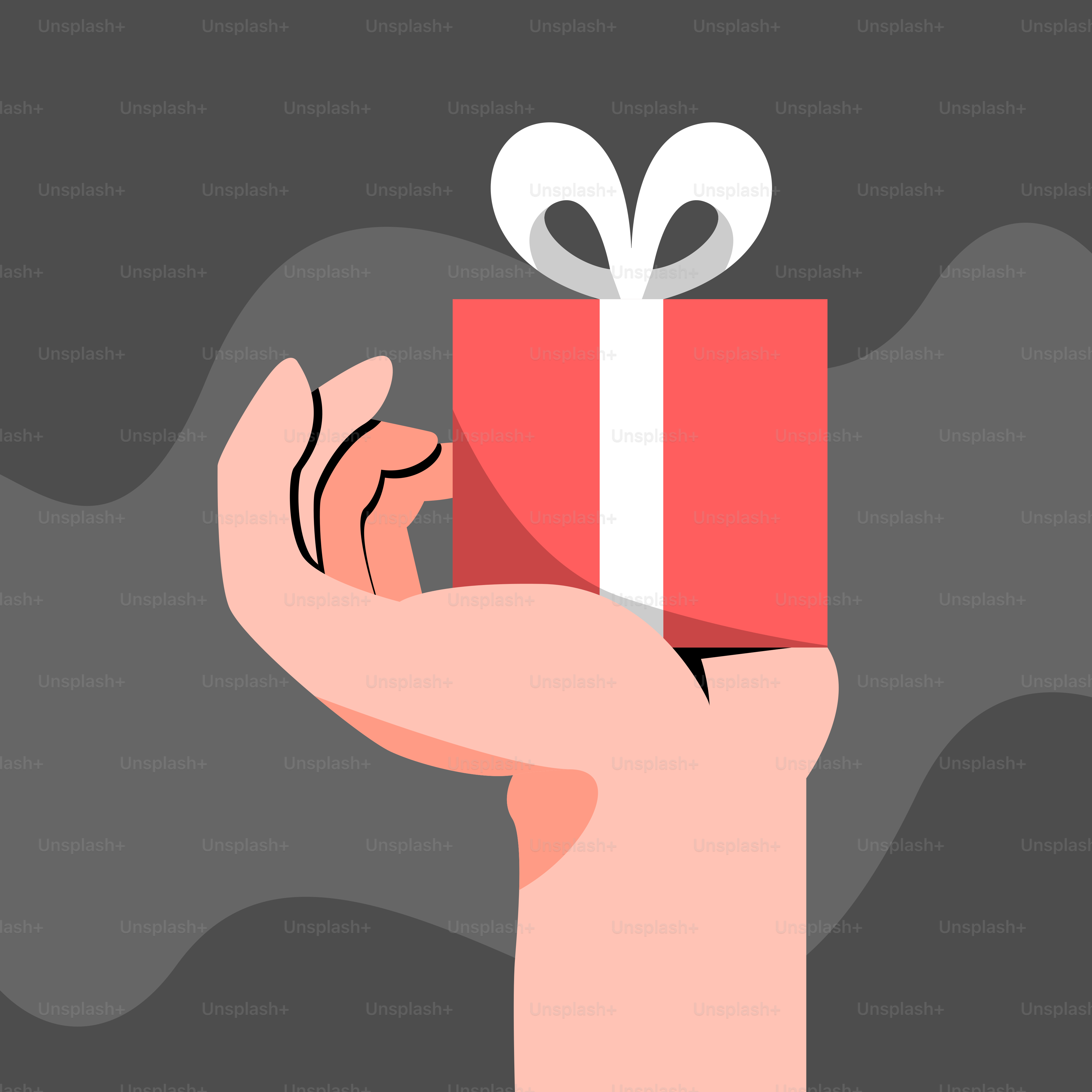 A hand holding a red gift box with a white ribbon