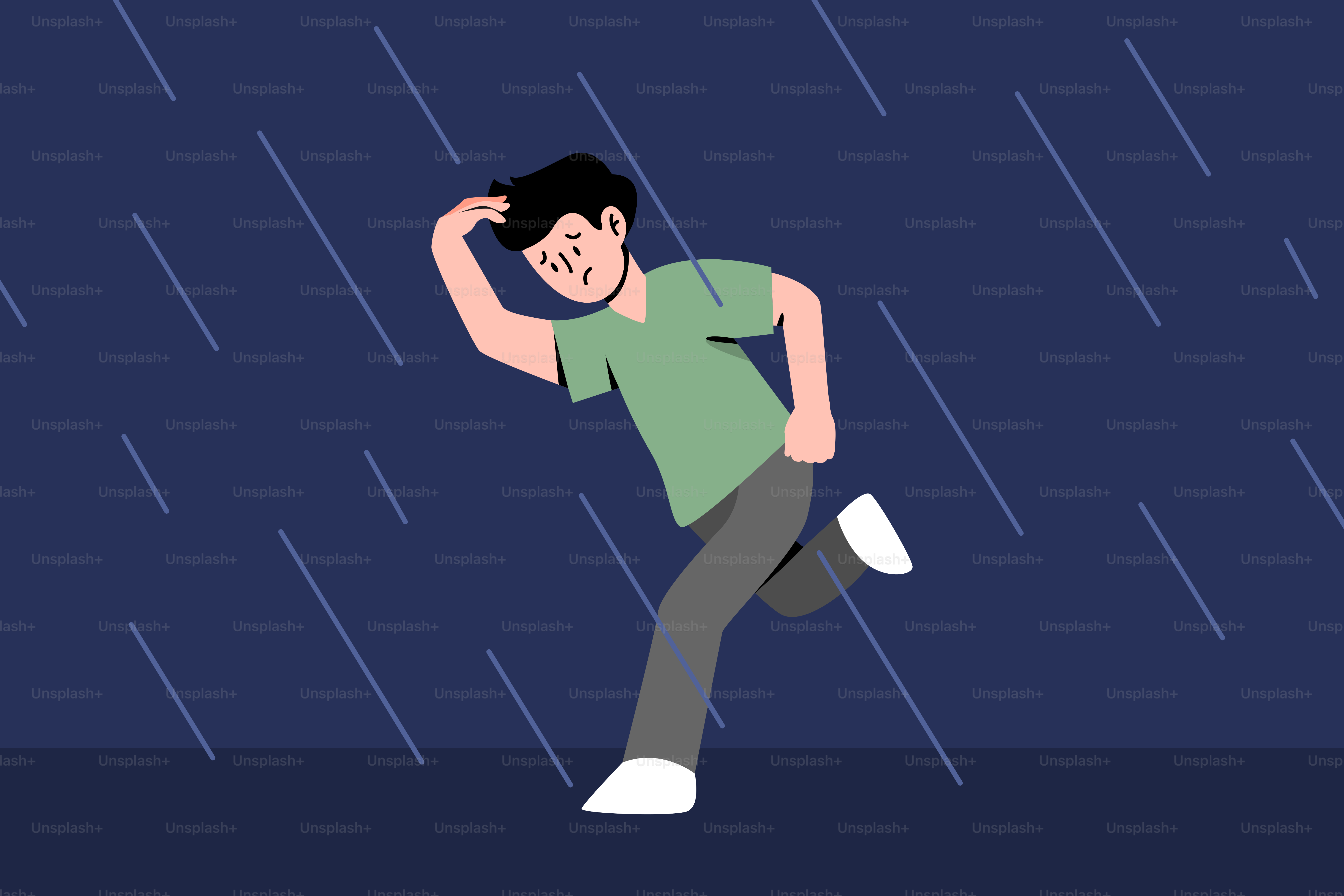 A man standing in the rain with his hand on his head
