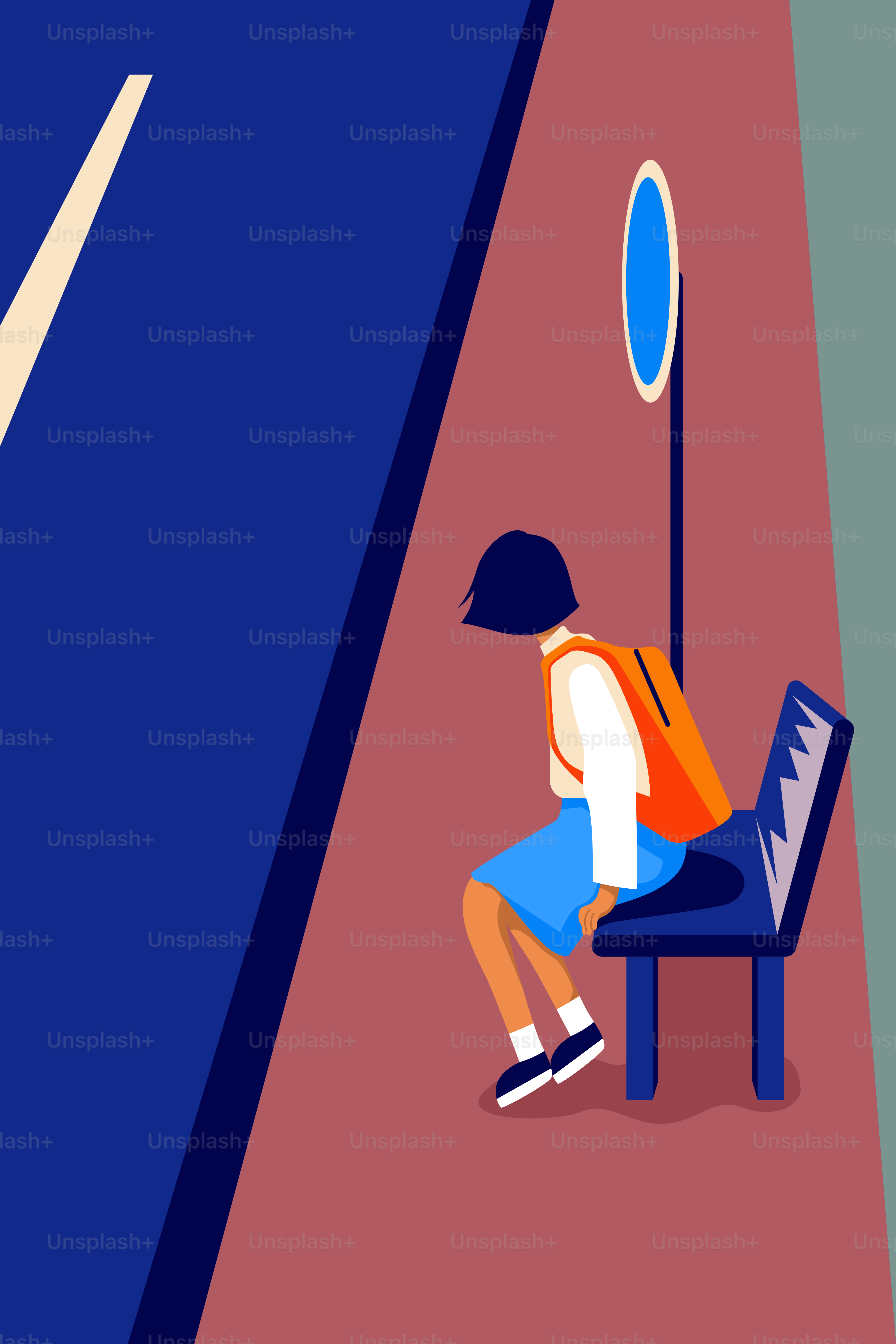 A person sitting on a bench in front of a mirror