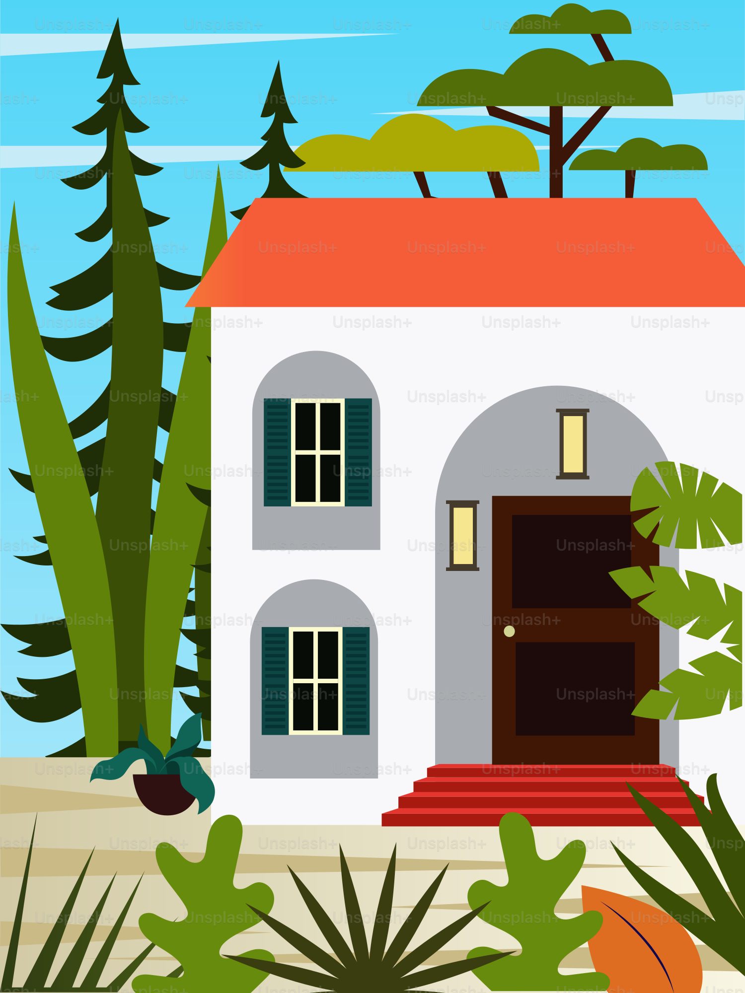 Uma pintura de uma casa cercada por plantas e árvores
