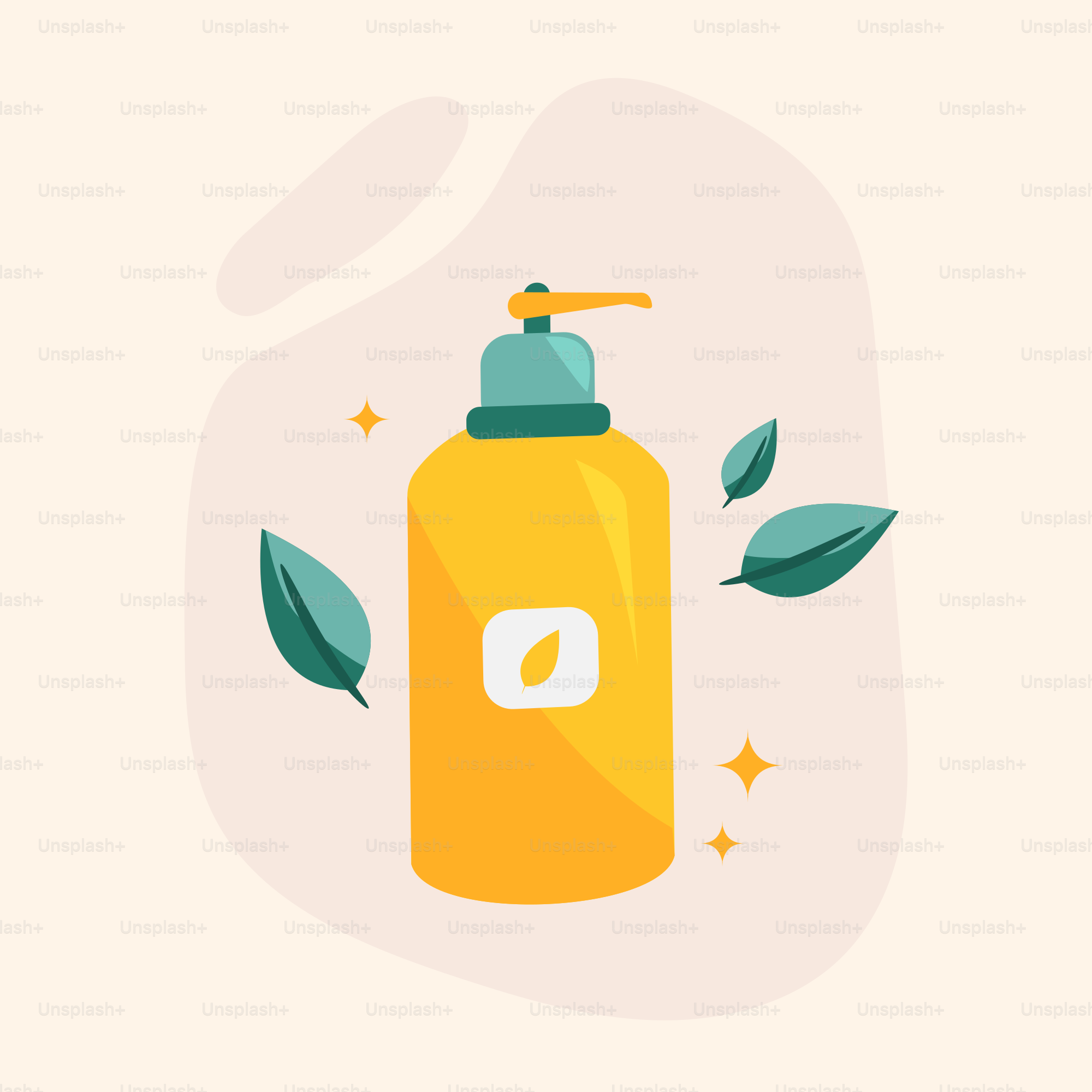 A bottle of soap with leaves around it