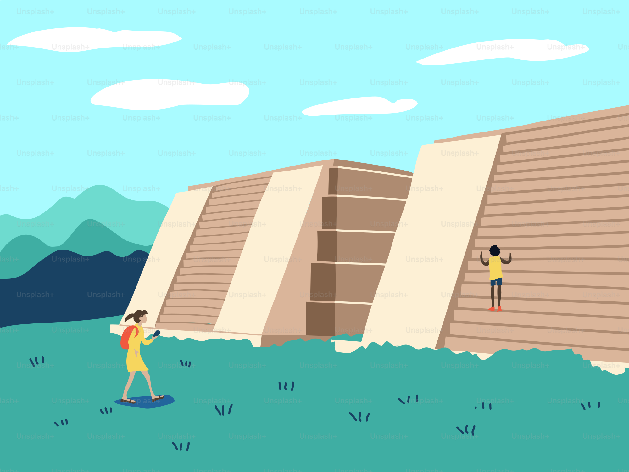 A group of people standing in front of a giant building