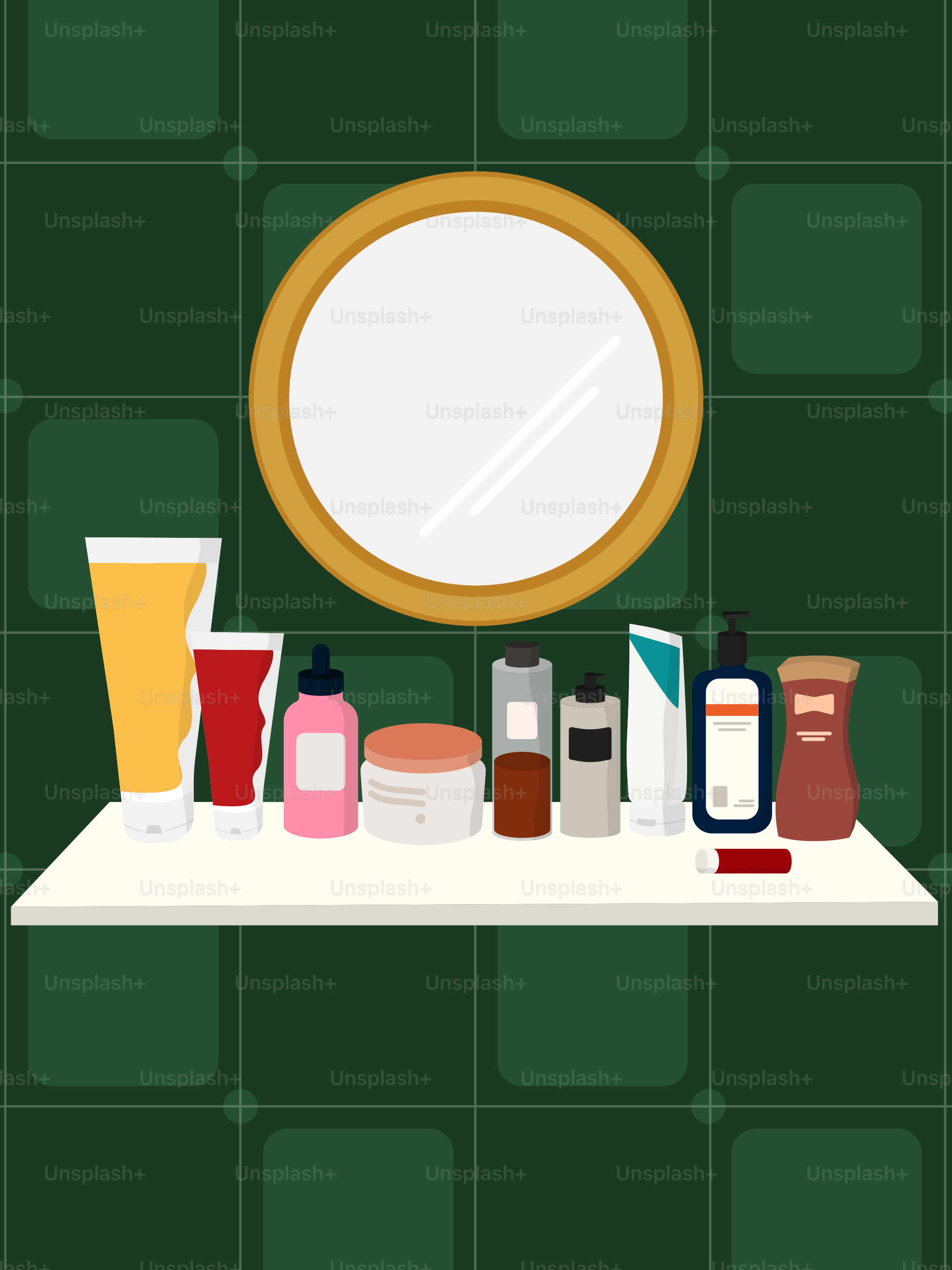 A bathroom with a mirror and a shelf full of personal care items