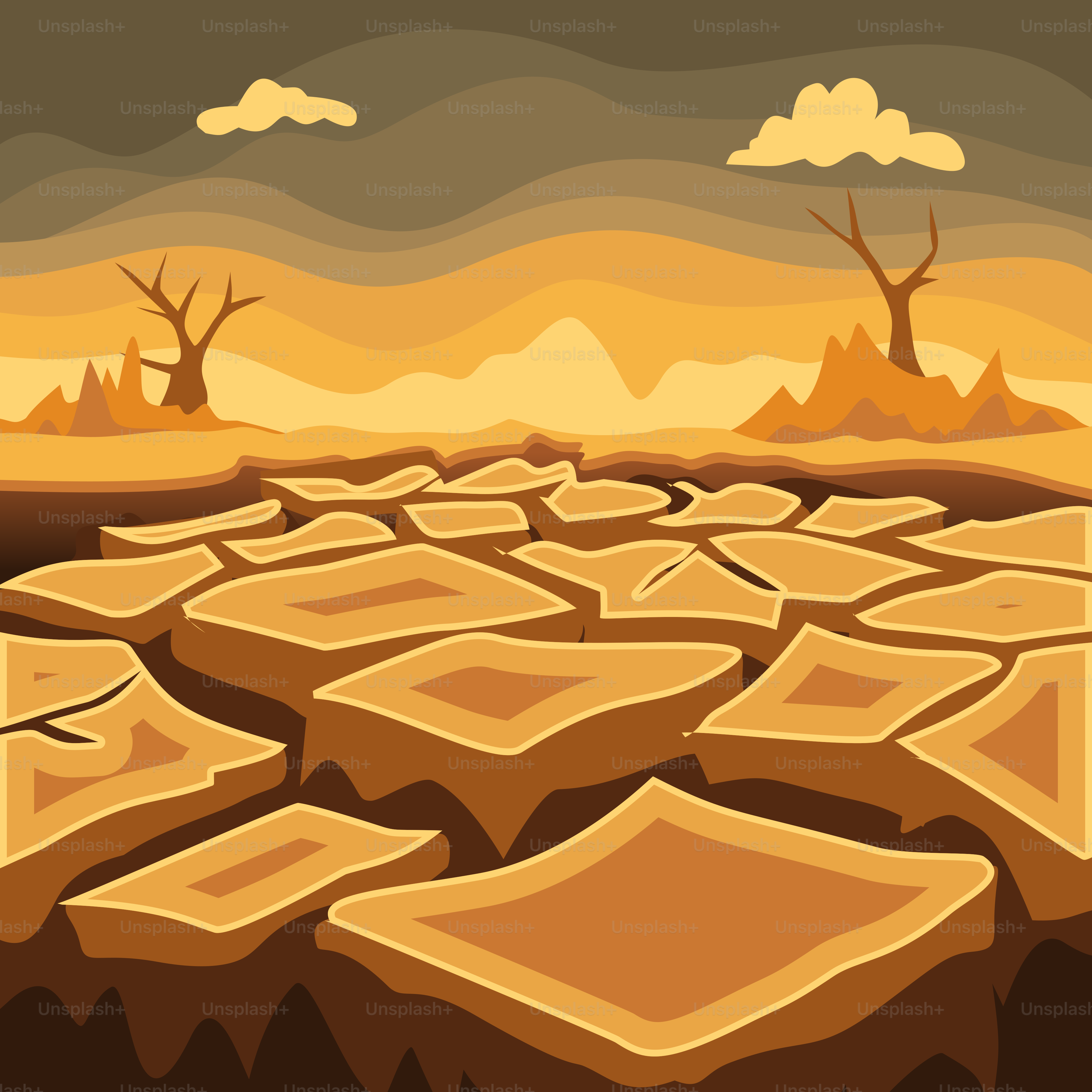 A painting of a desert landscape with sparse trees